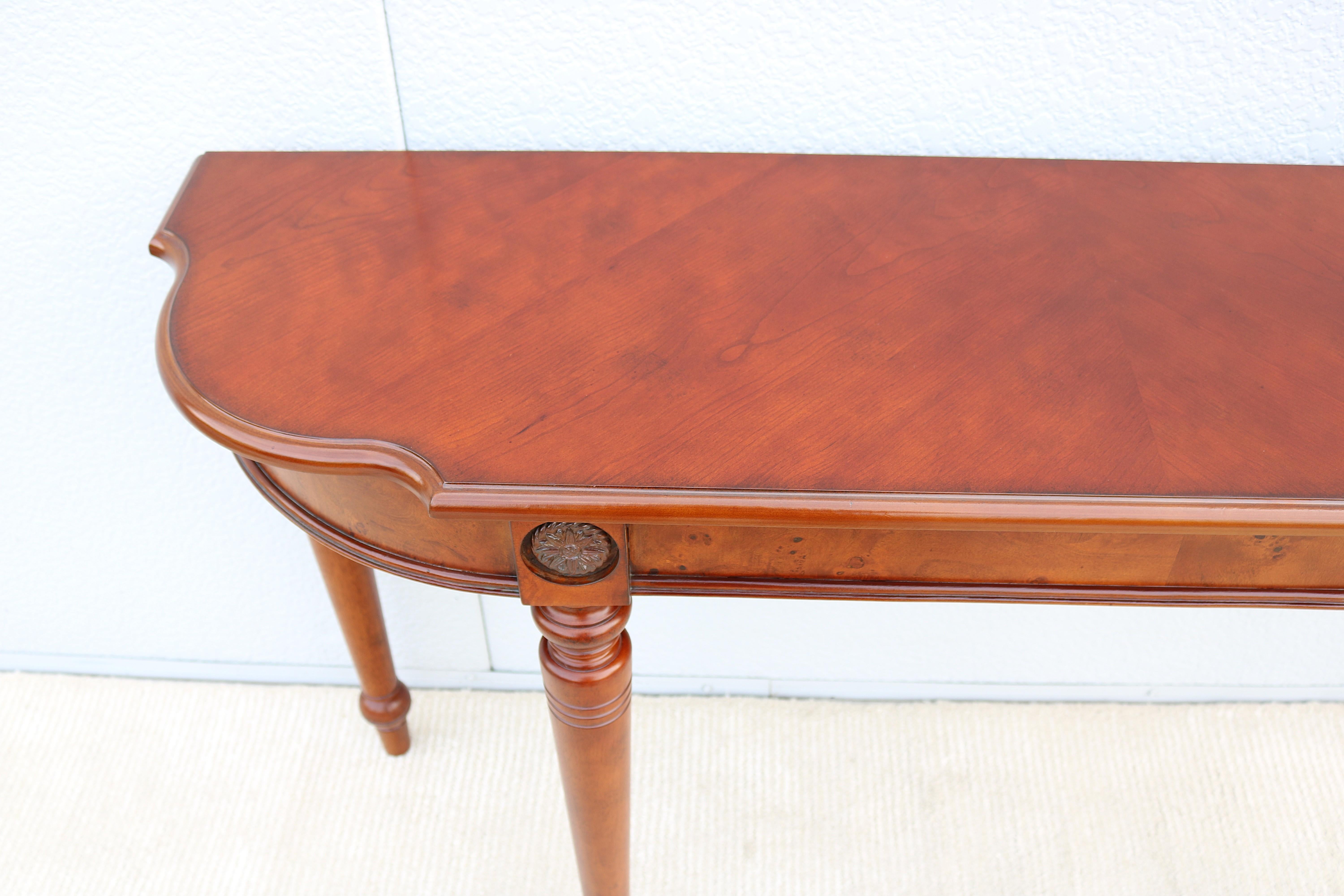 Traditional French Style Cherry and Burl Wood Console Sofa Table For Sale 8