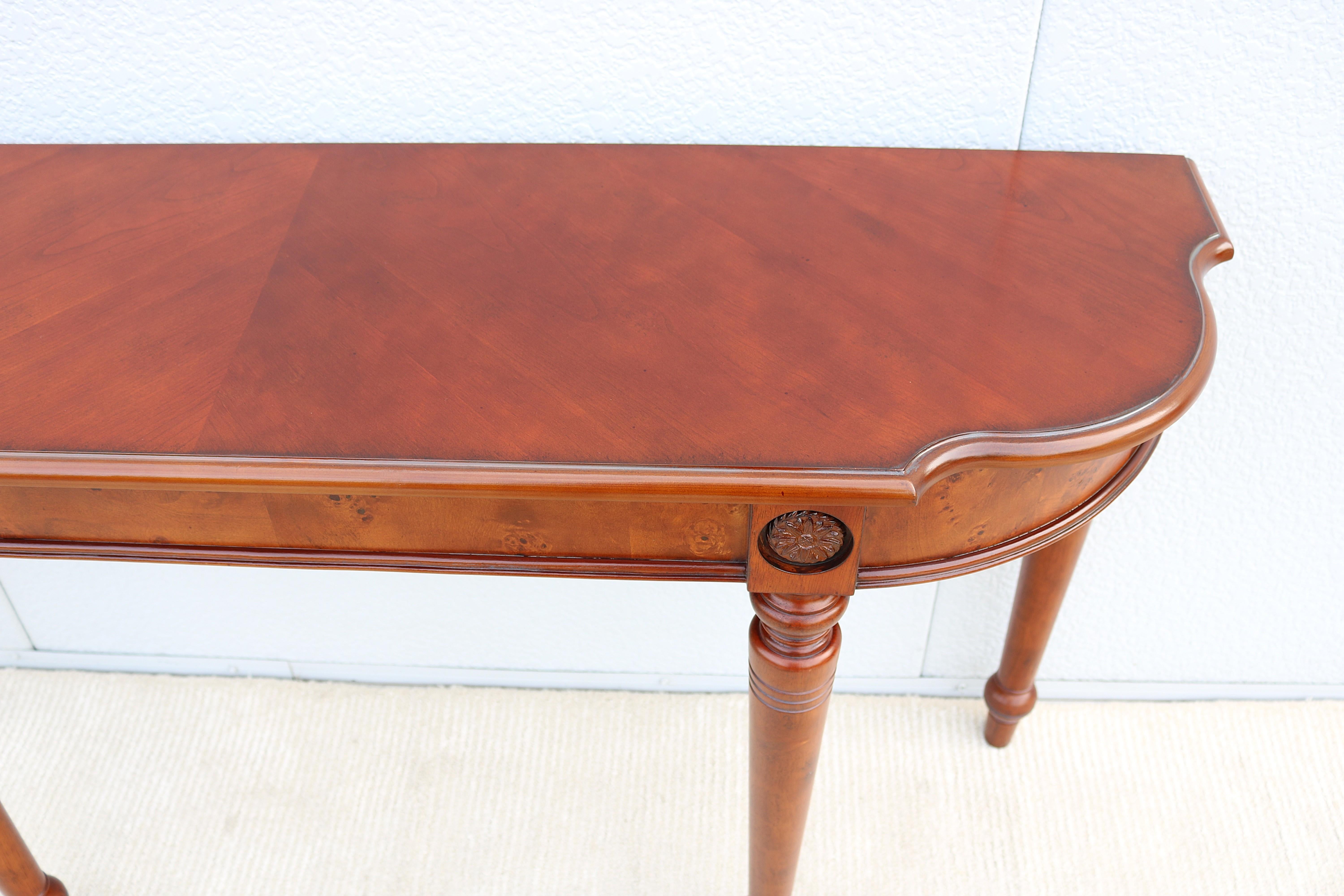 Traditional French Style Cherry and Burl Wood Console Sofa Table For Sale 9