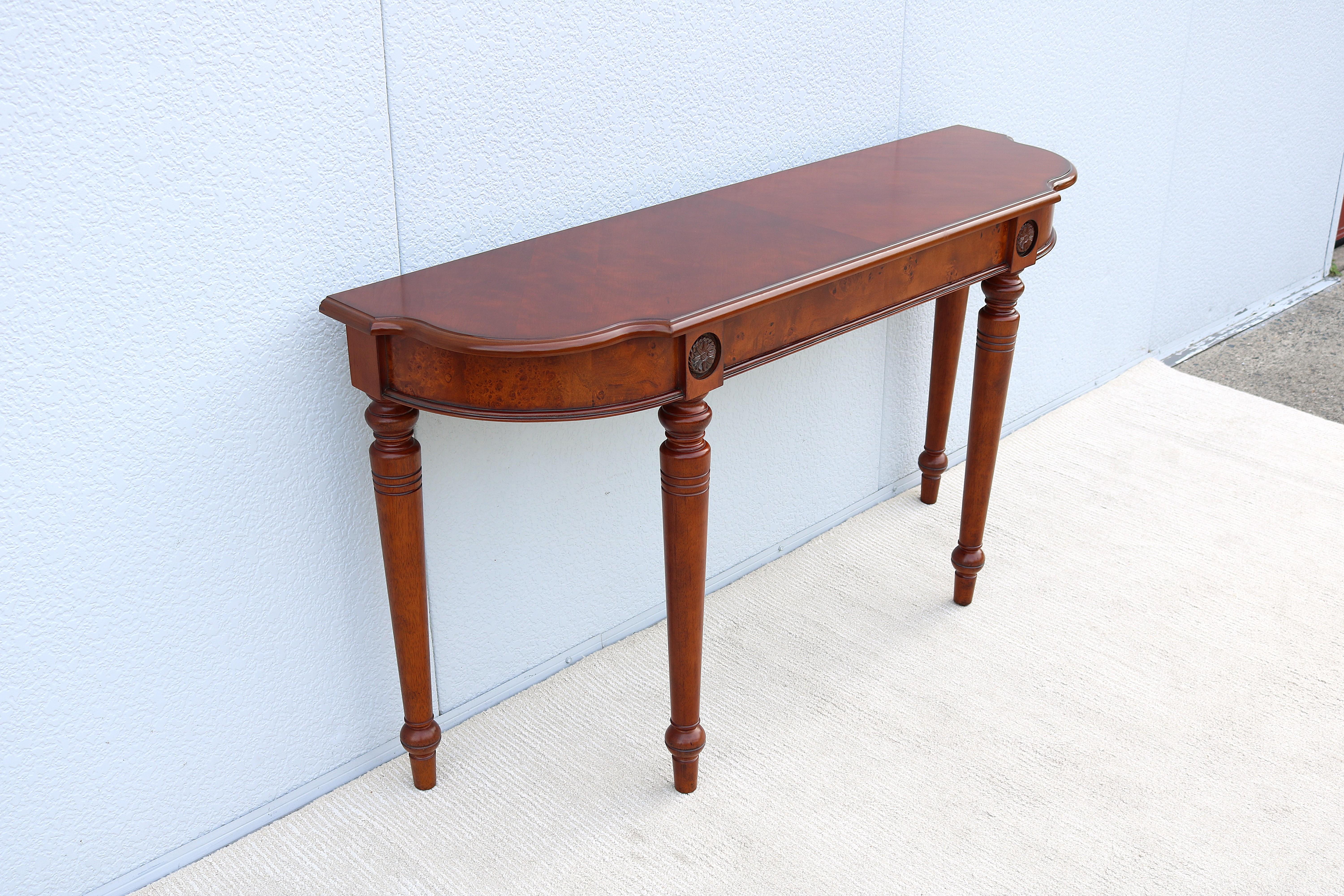 Traditional French Style Cherry and Burl Wood Console Sofa Table For Sale 1