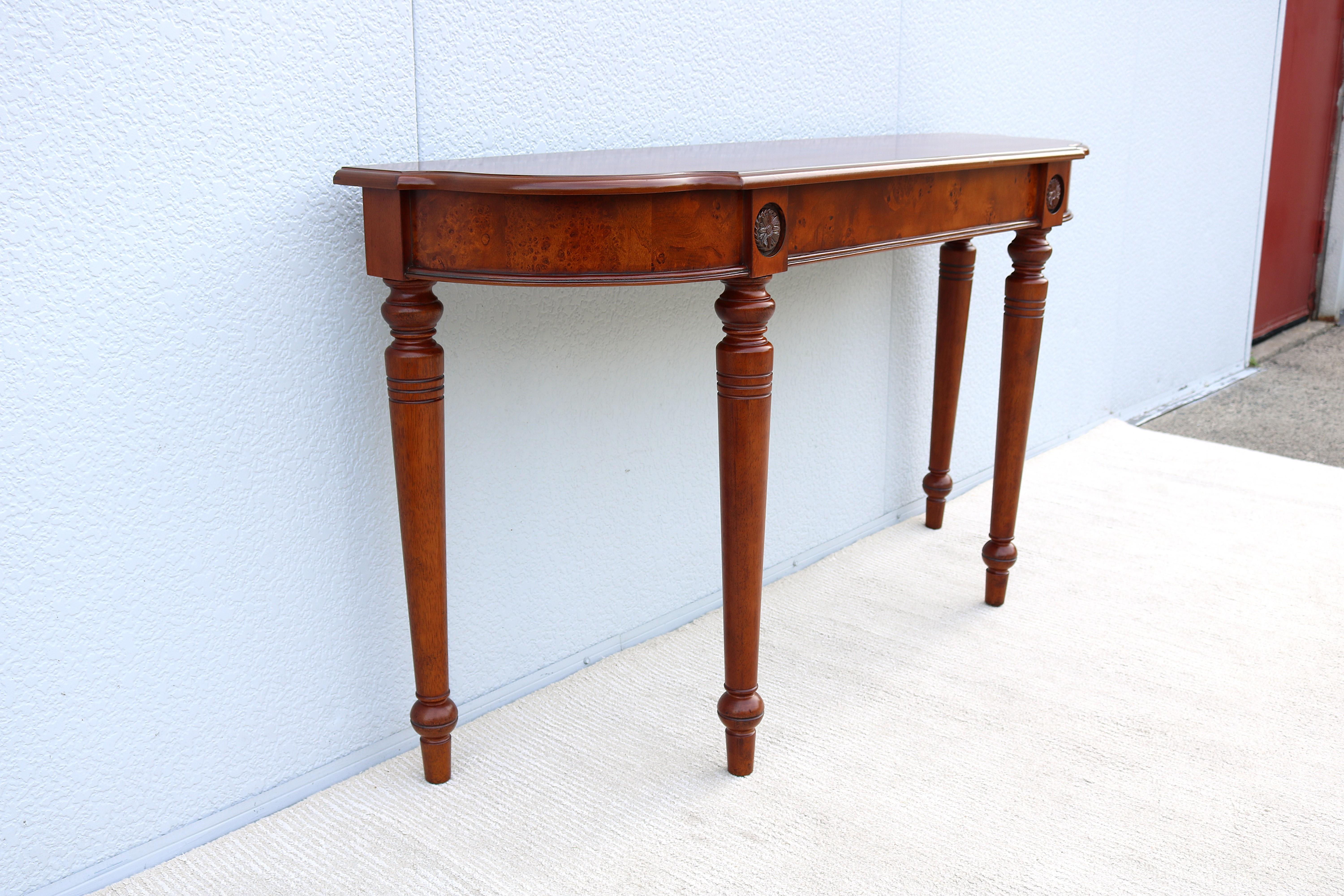 Traditional French Style Cherry and Burl Wood Console Sofa Table For Sale 2