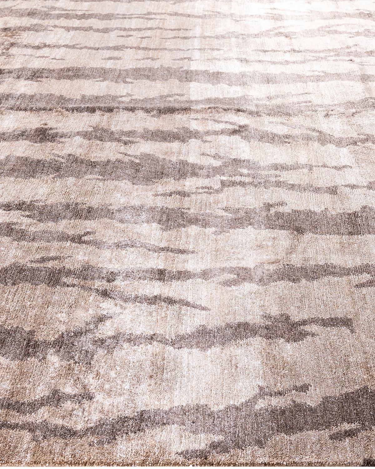 Noué à la main Tapis traditionnel Ganga abstrait en soie dorée noué à la main 8' 10