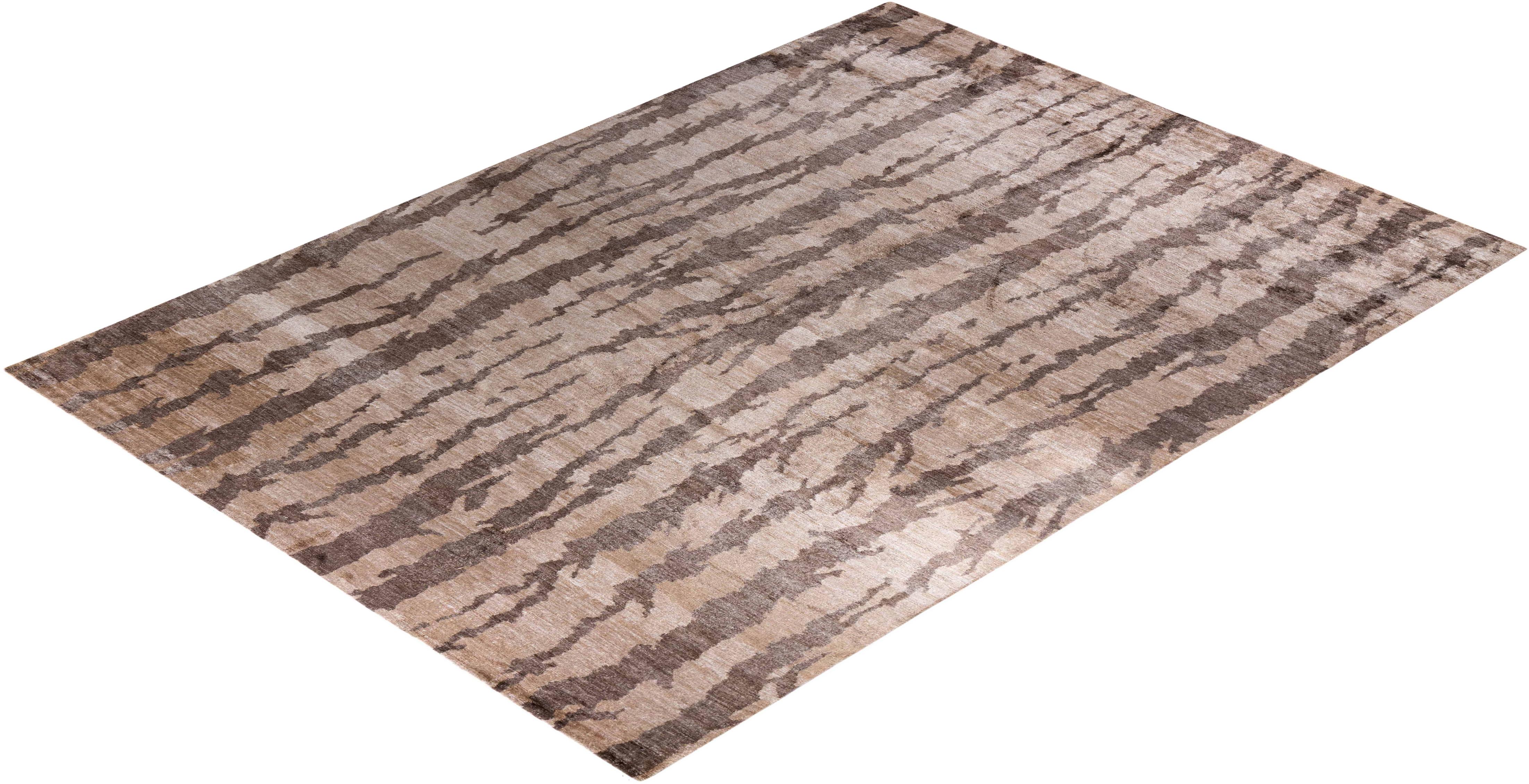 Tapis traditionnel Ganga abstrait en soie dorée noué à la main 8' 10