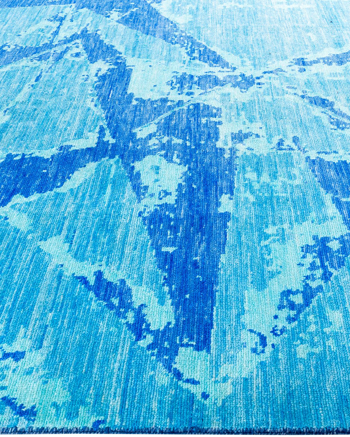Hand-Knotted Traditional Ganga Hand Knotted Abstract Wool Blue Area Rug 8' 4