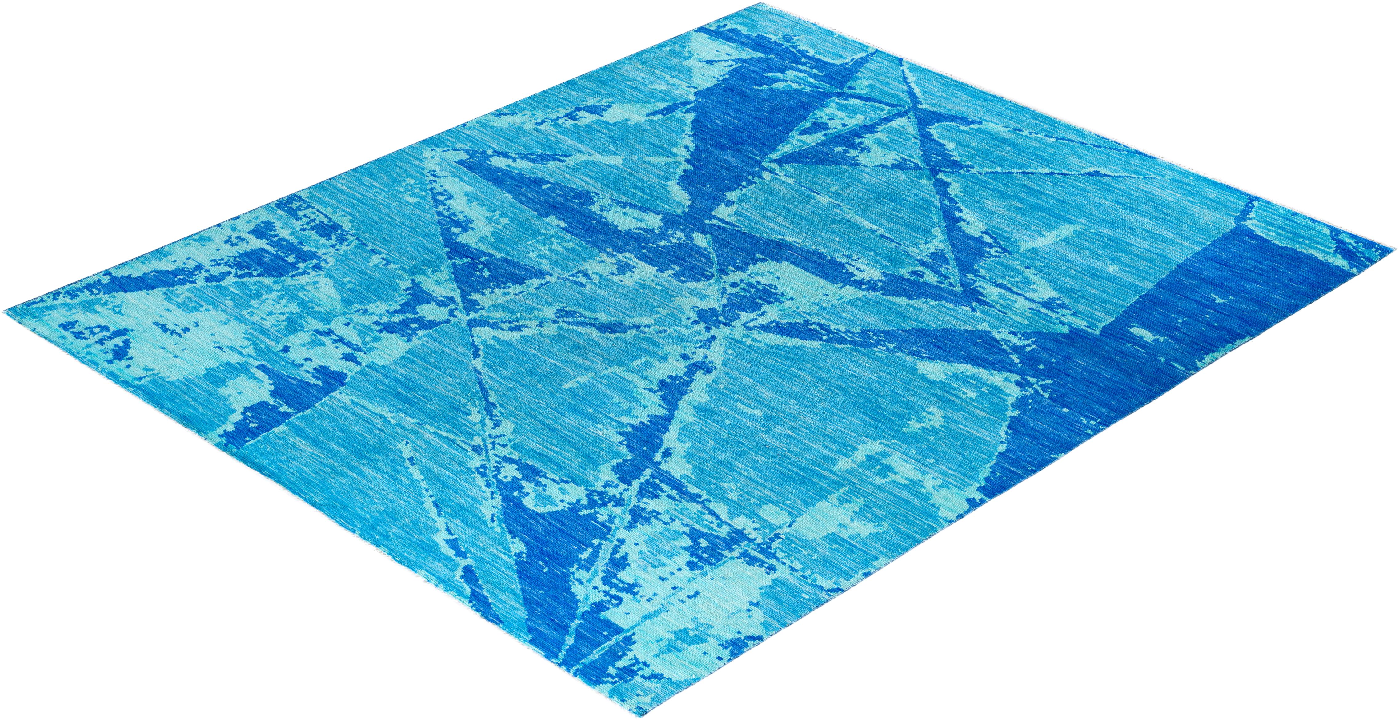 Traditional Ganga Hand Knotted Abstract Wool Blue Area Rug 8' 4