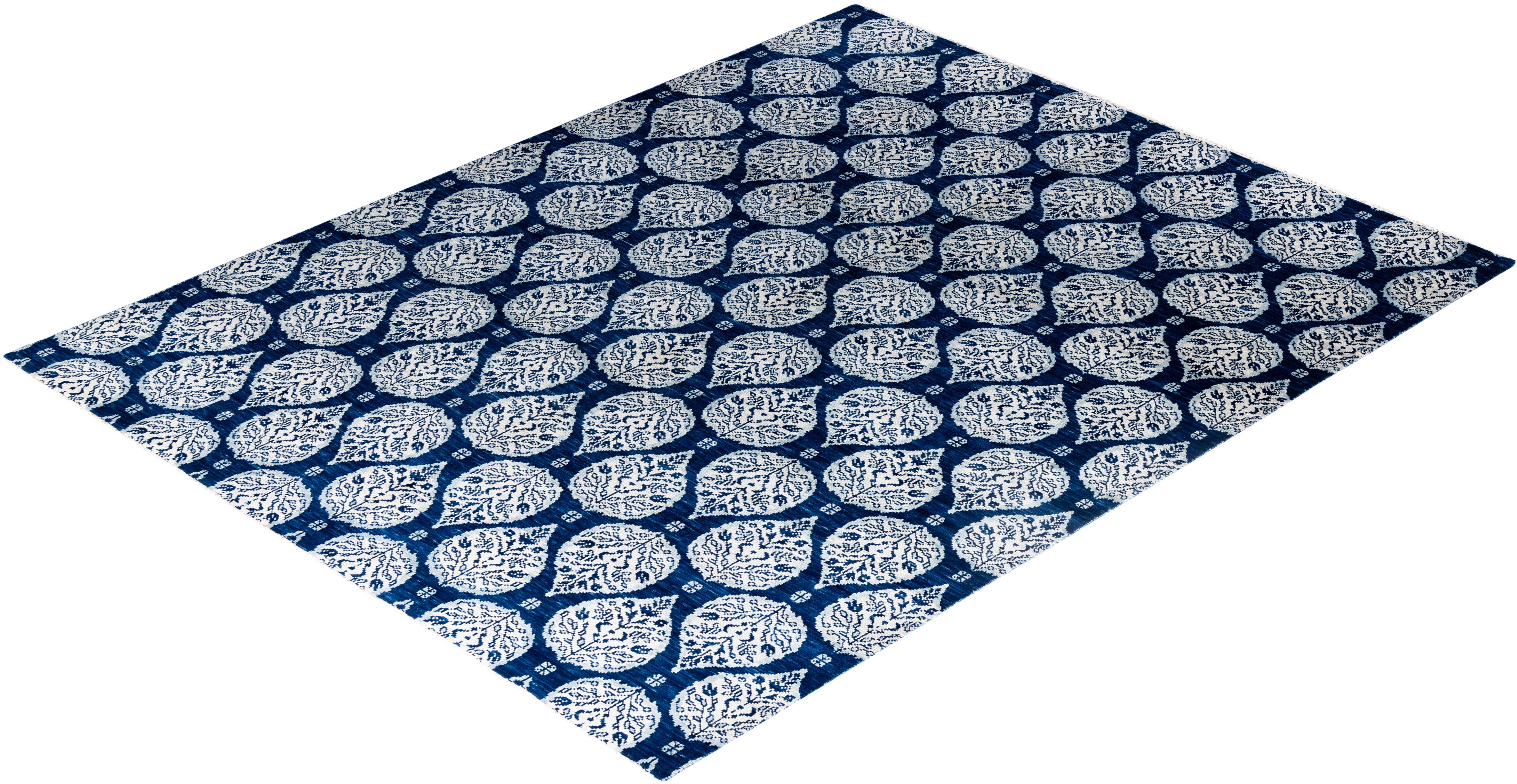 Traditional Ganga Hand Knots Rugs floreale in lana navy 9' 1