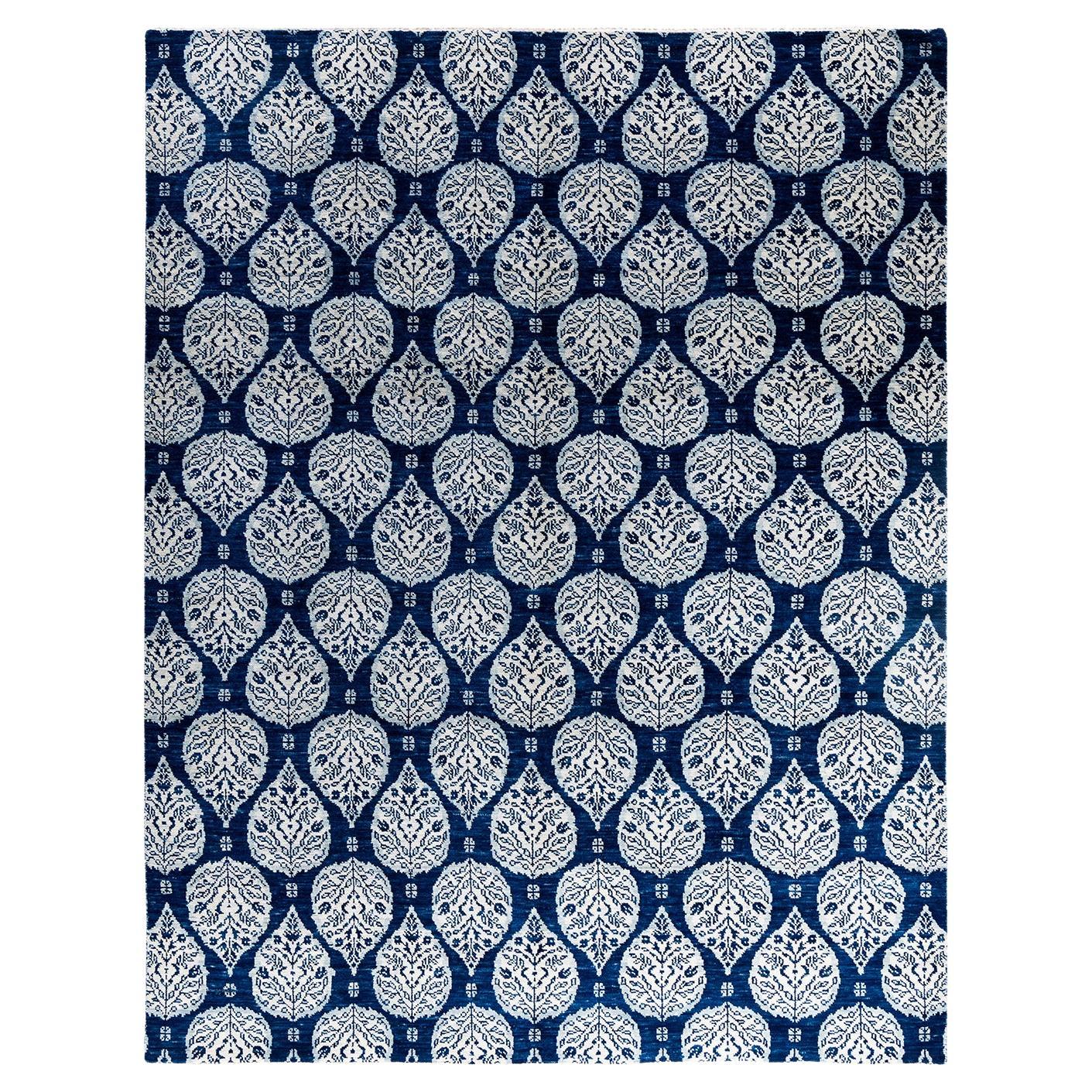 Traditional Ganga Hand Knotted Floral Wool Navy Area Rug 9' 1" x 11' 8"