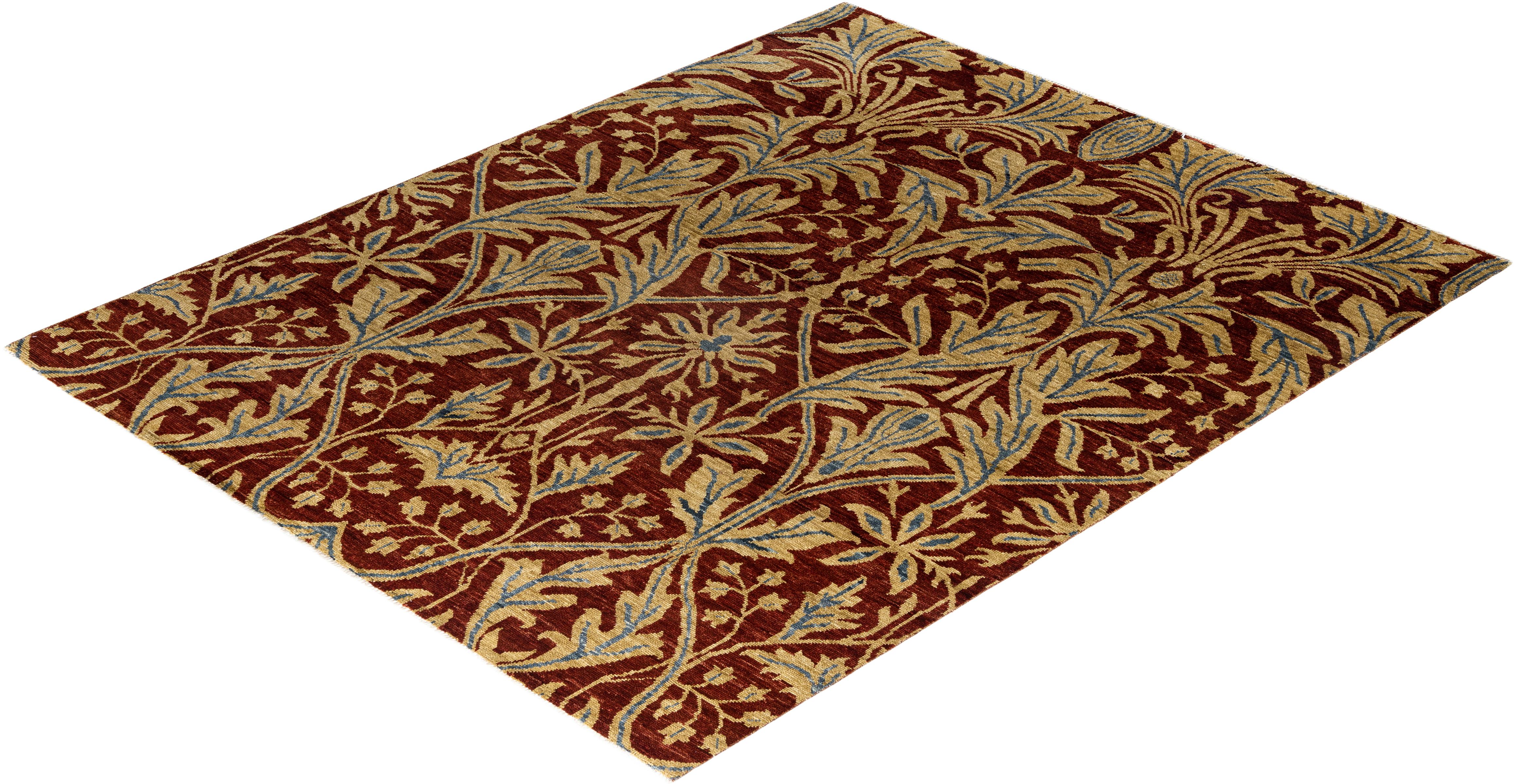 Alfombra tradicional Ganga de lana anudada a mano con motivos florales, roja 2,5 m x 3,5 m en venta 1