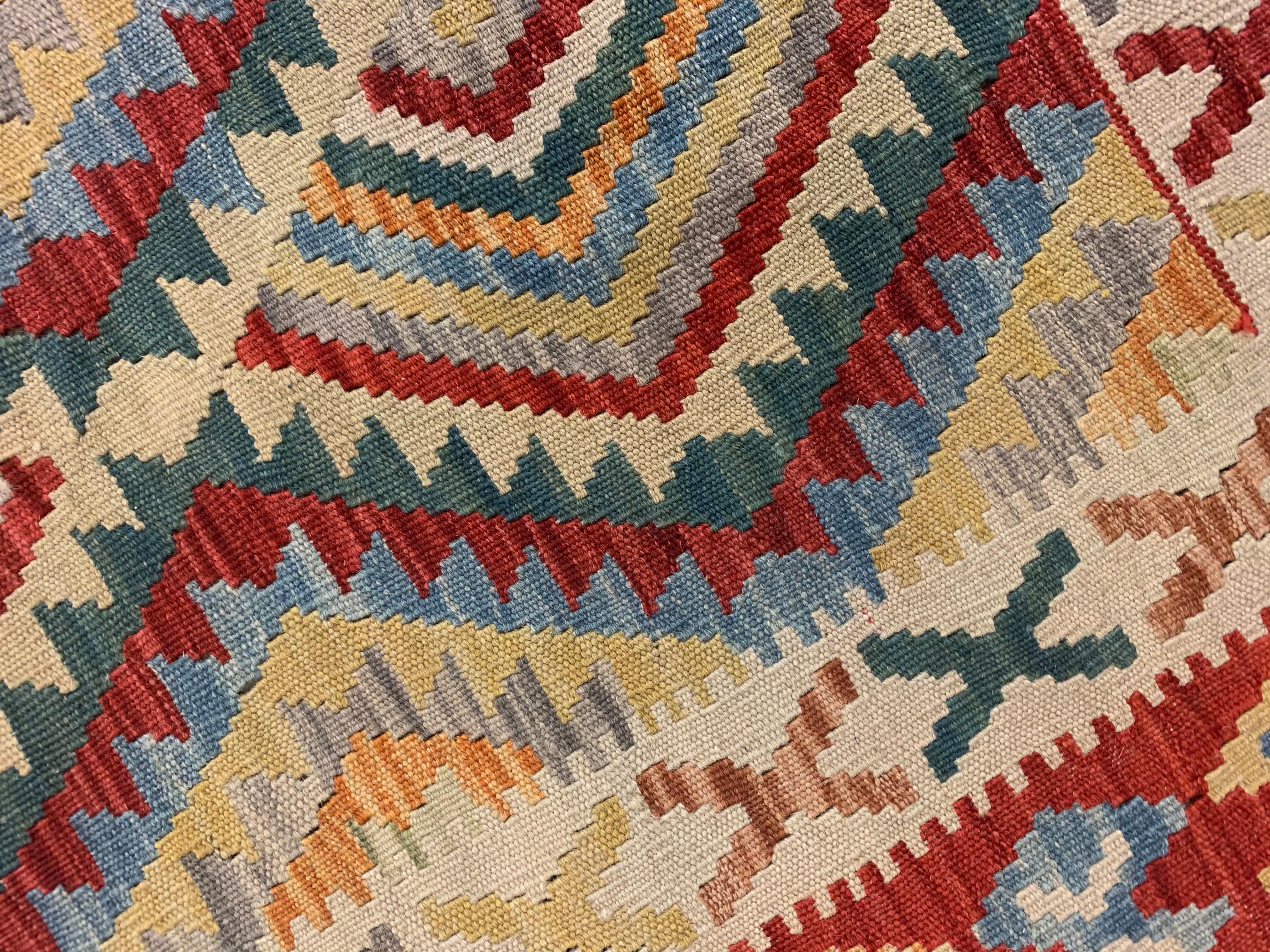 Afghan Traditional Geometric Kilim Rug, Beige Red Wool Kilim Area Rug