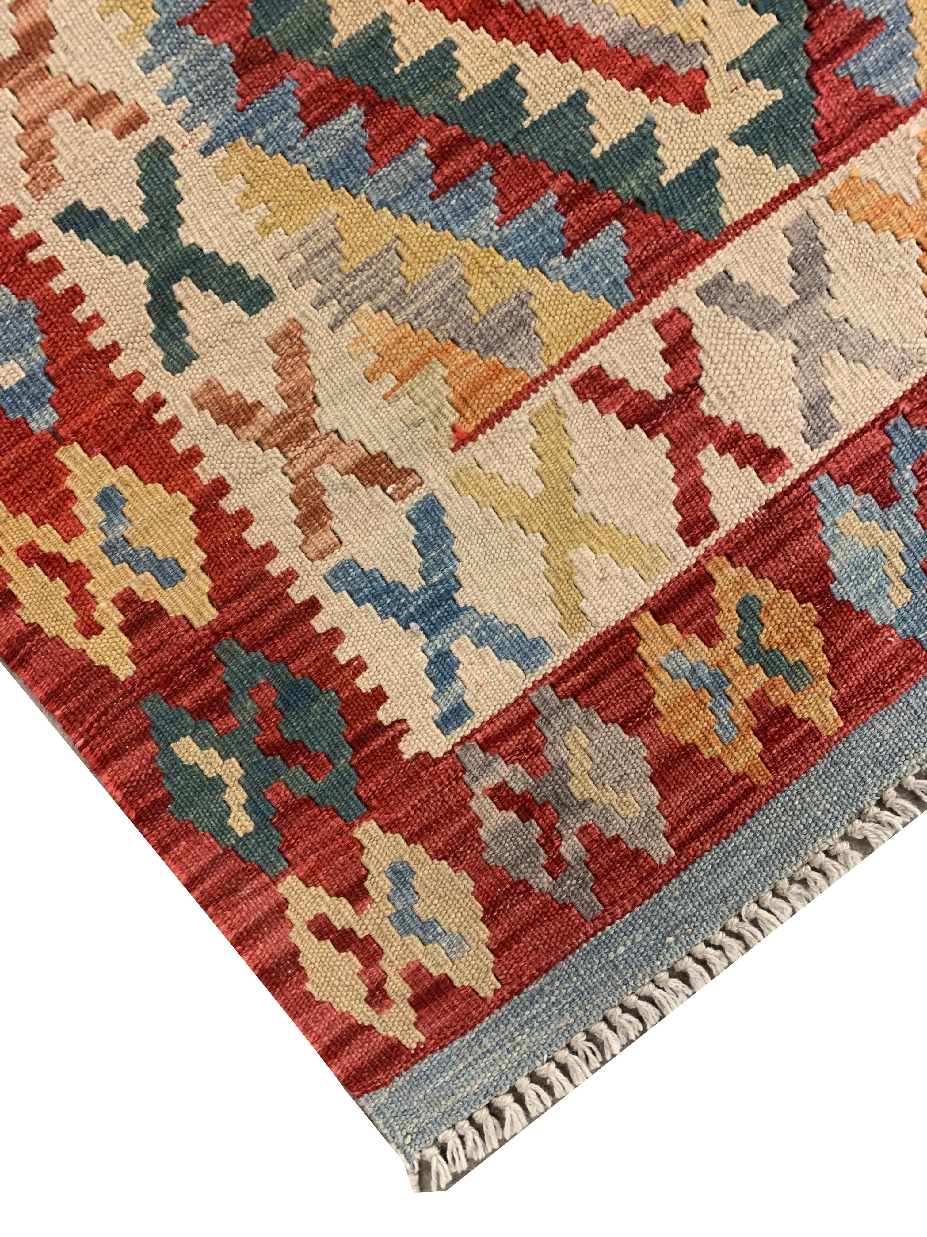 Contemporary Traditional Geometric Kilim Rug, Beige Red Wool Kilim Area Rug