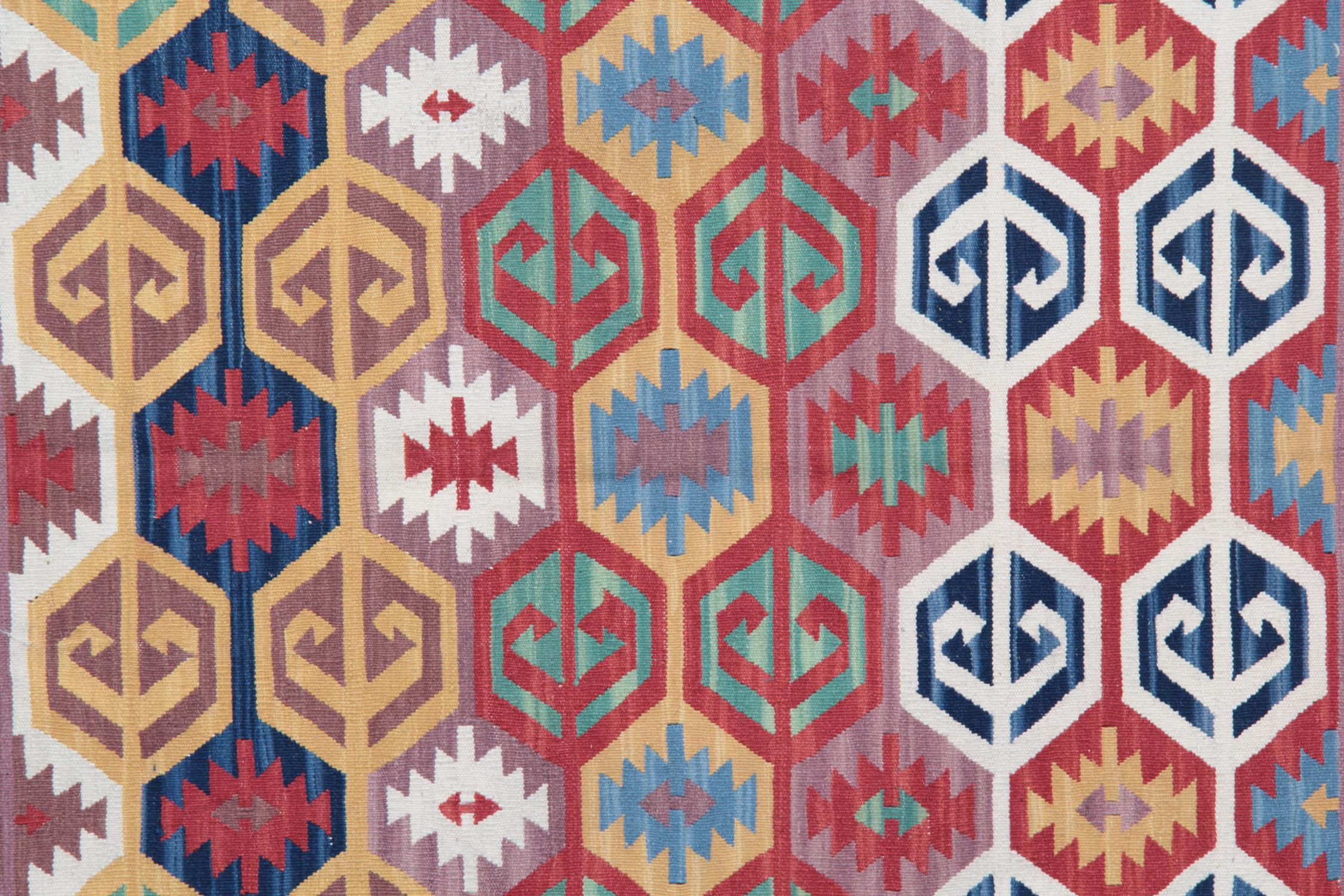 Mid-Century Modern Traditional Geometric Kilim Rug, Handmade Carpet Purple Wool Area Rug