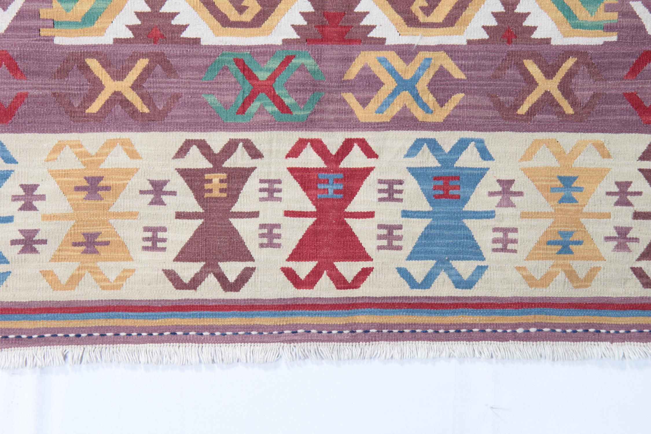 Woven Traditional Geometric Kilim Rug, Handmade Carpet Purple Wool Area Rug