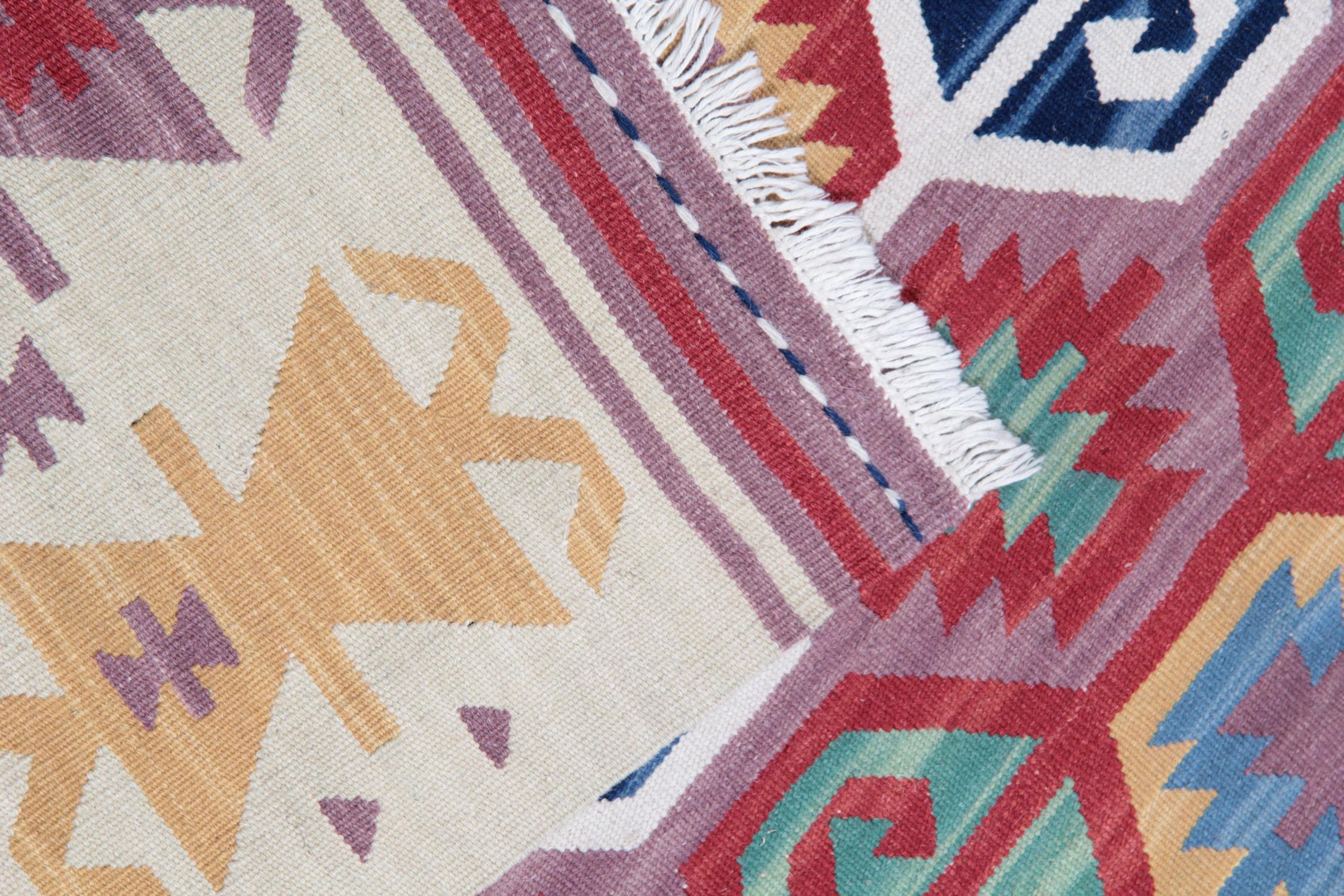 Traditional Geometric Kilim Rug, Handmade Carpet Purple Wool Area Rug 1