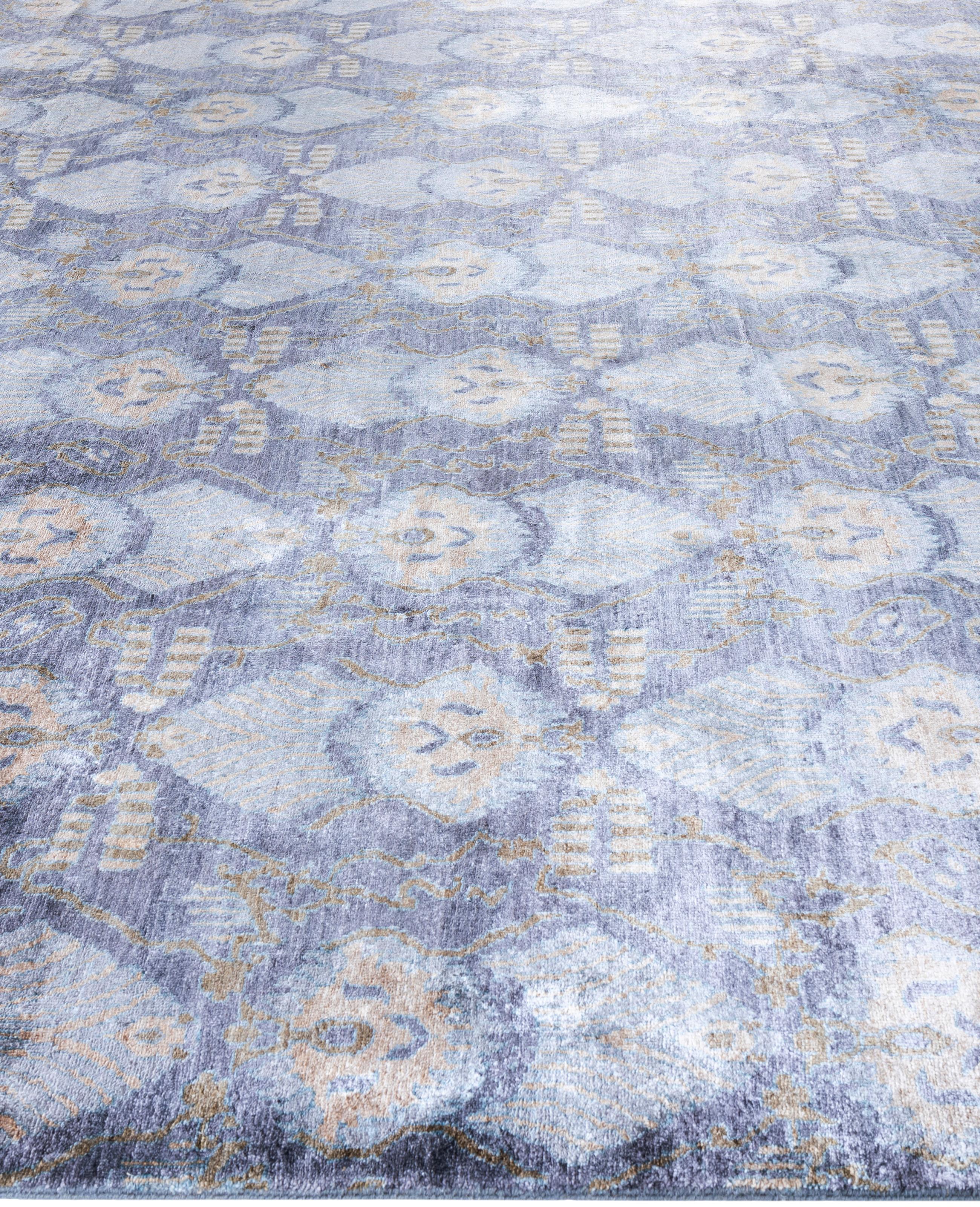 Annodato a mano Traditional Geometric Silk Hand Knotted Gray Area Rugs 9' 0