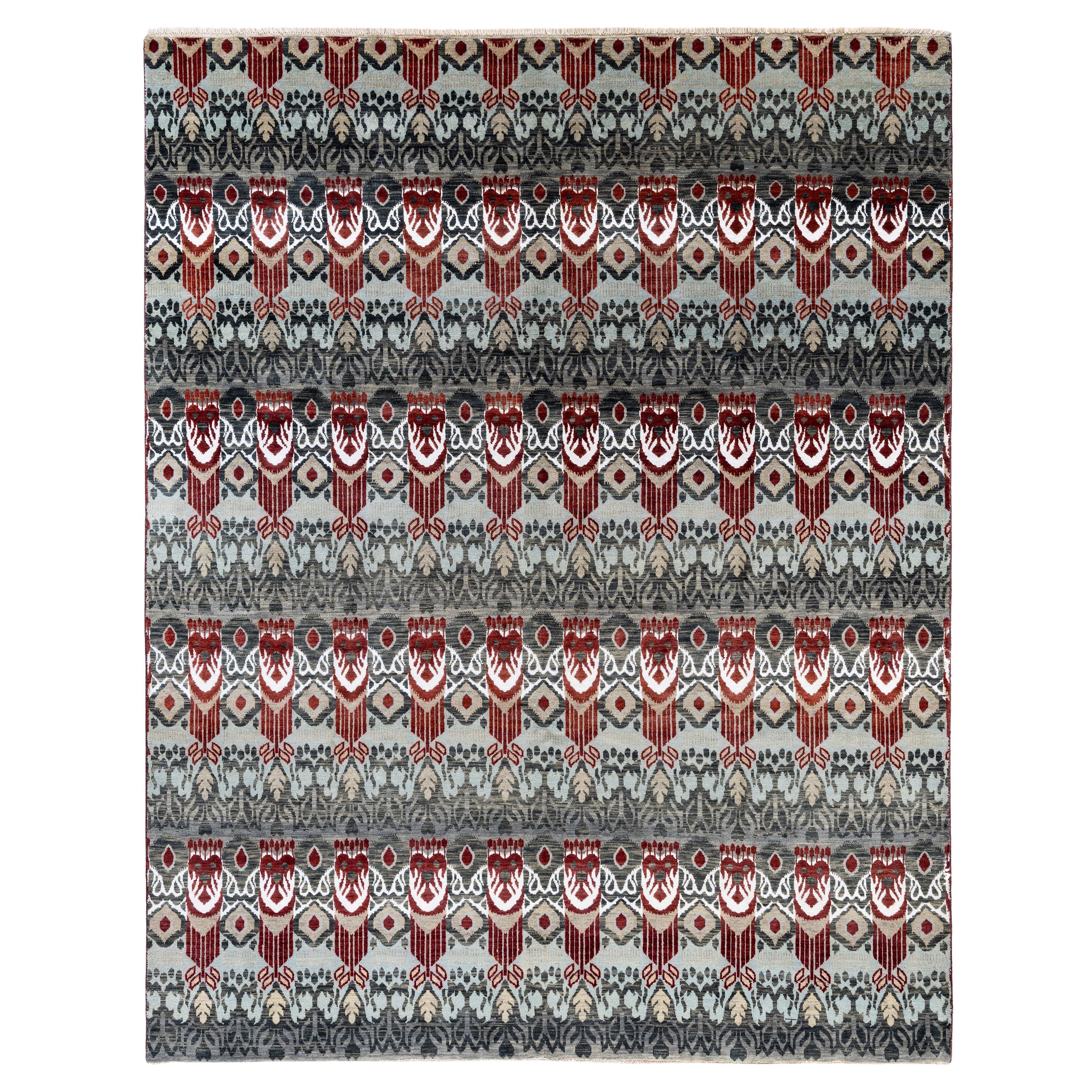 Tappeto Geometrico Tradizionale in Seta e Lana Annodato a Mano Grigio 8' 1" x 10' 1" in vendita