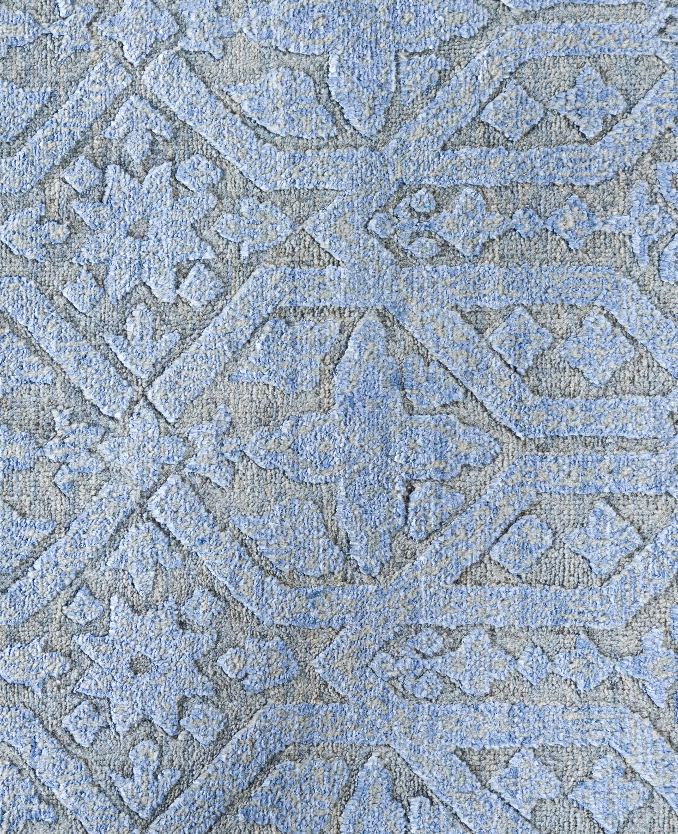 Alfombra Geométrica Tradicional de Seda y Lana Anudada a Mano, Gris 9' 1