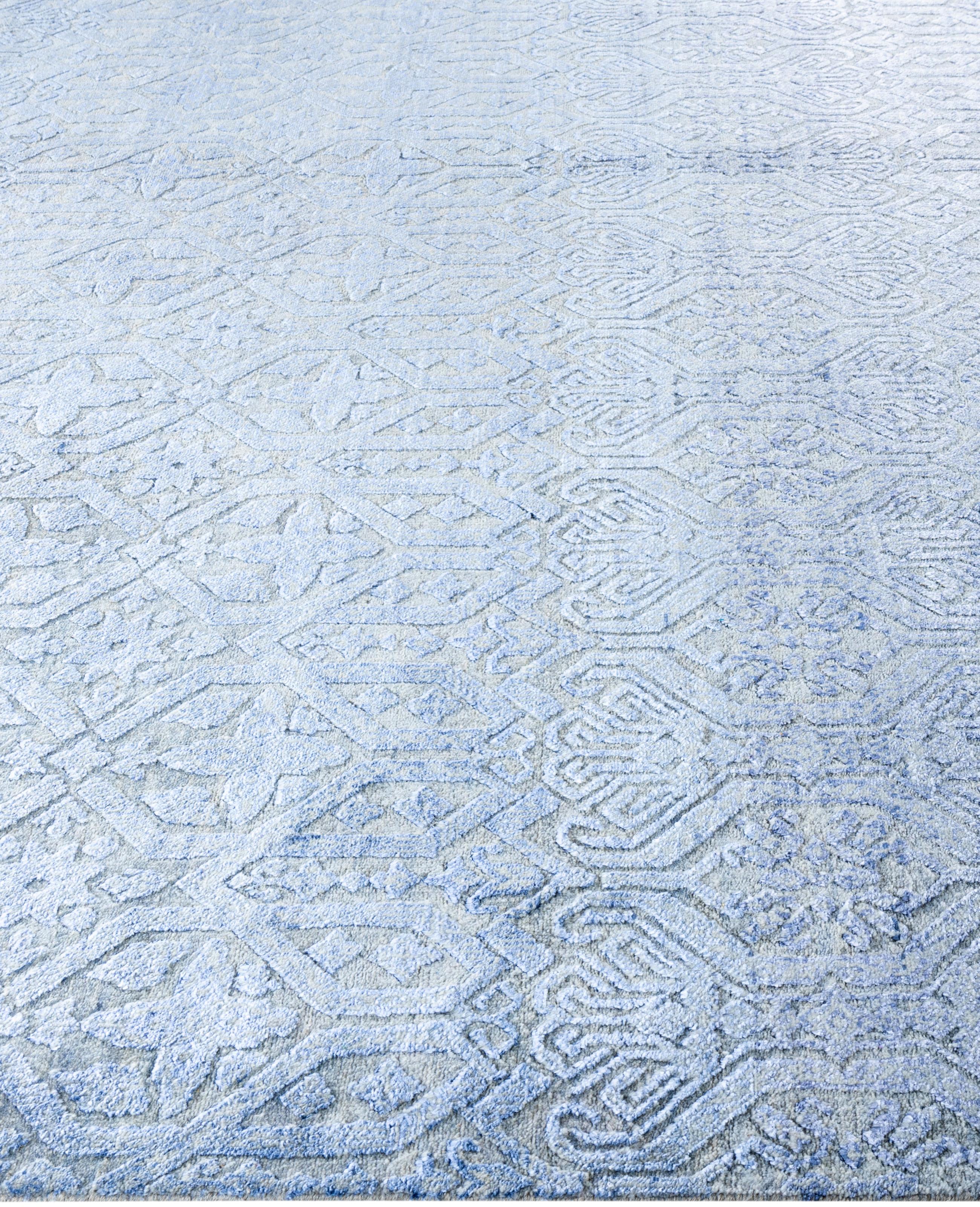 Alfombra Geométrica Tradicional de Seda y Lana Anudada a Mano, Gris 9' 1