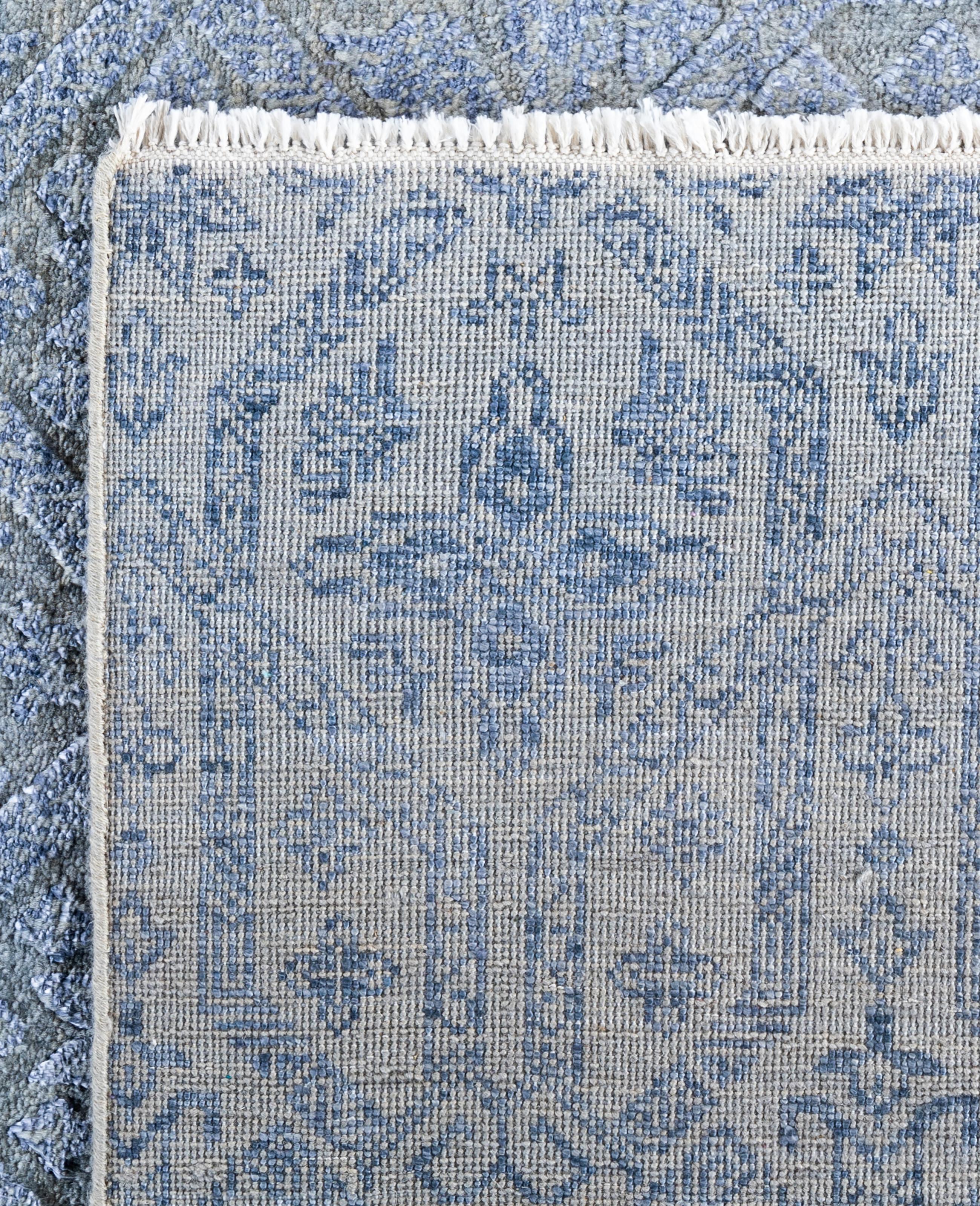 Alfombra Geométrica Tradicional de Seda y Lana Anudada a Mano, Gris 9' 1