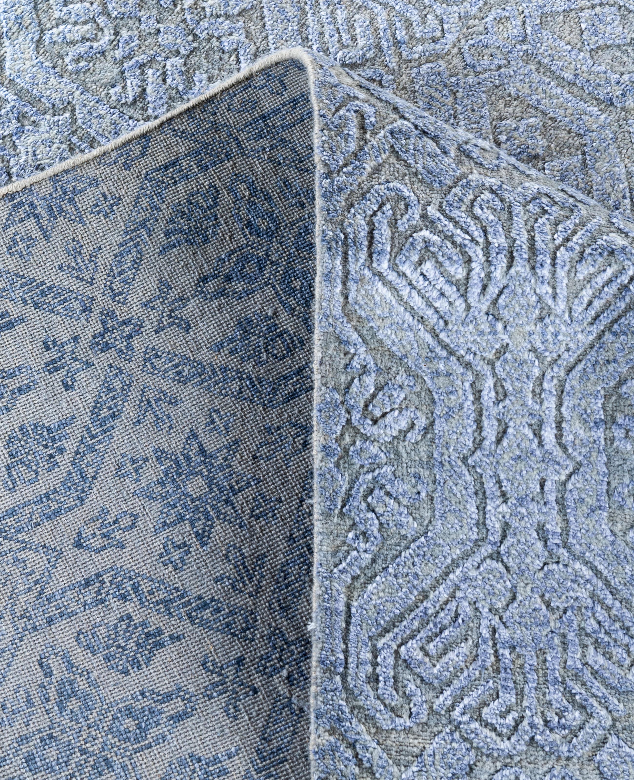 Alfombra Geométrica Tradicional de Seda y Lana Anudada a Mano, Gris 9' 1