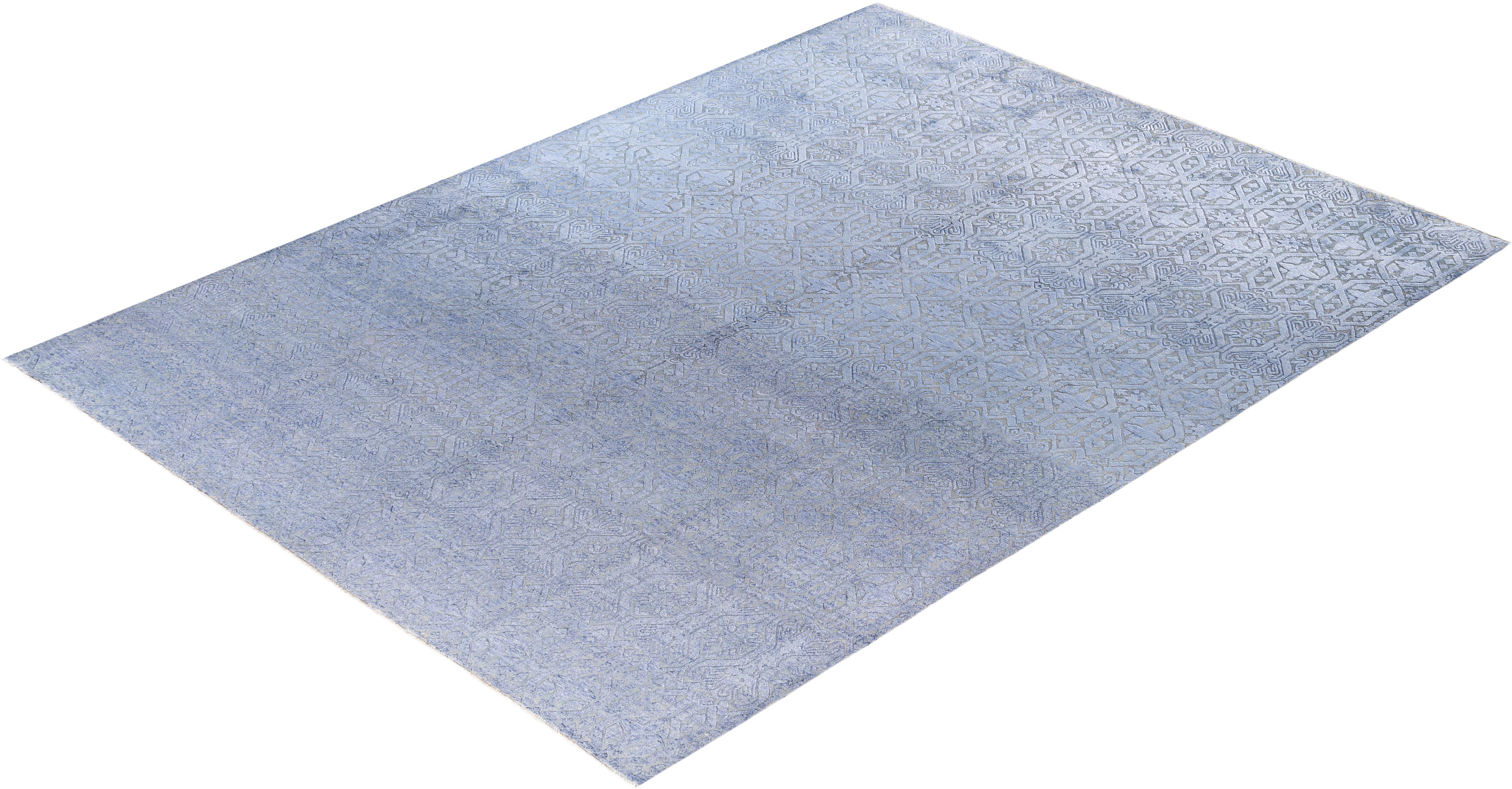 Alfombra Geométrica Tradicional de Seda y Lana Anudada a Mano, Gris 9' 1