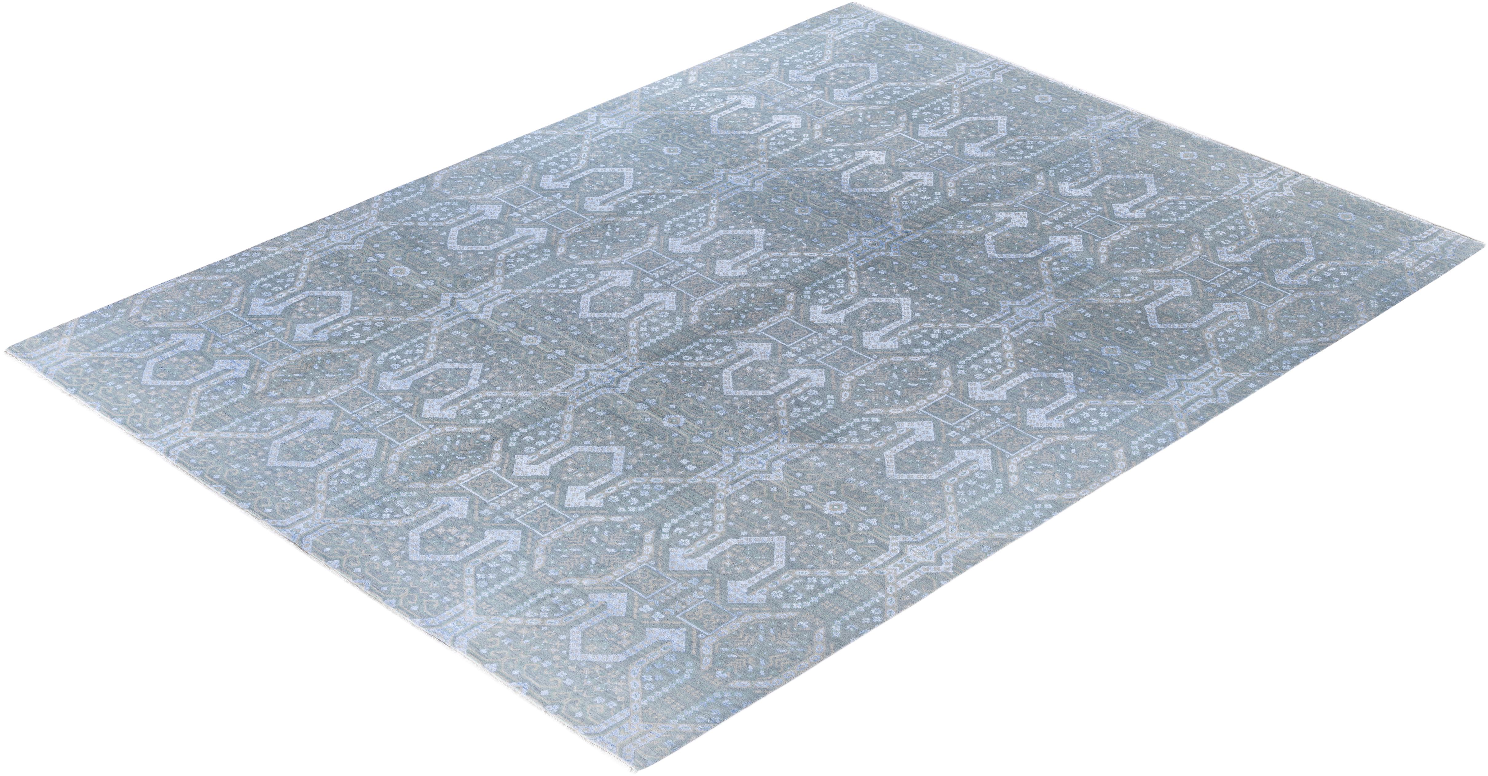 Tappeto Geometrico Tradizionale in Lana e Seta Annodato a Mano Beige 9' 0