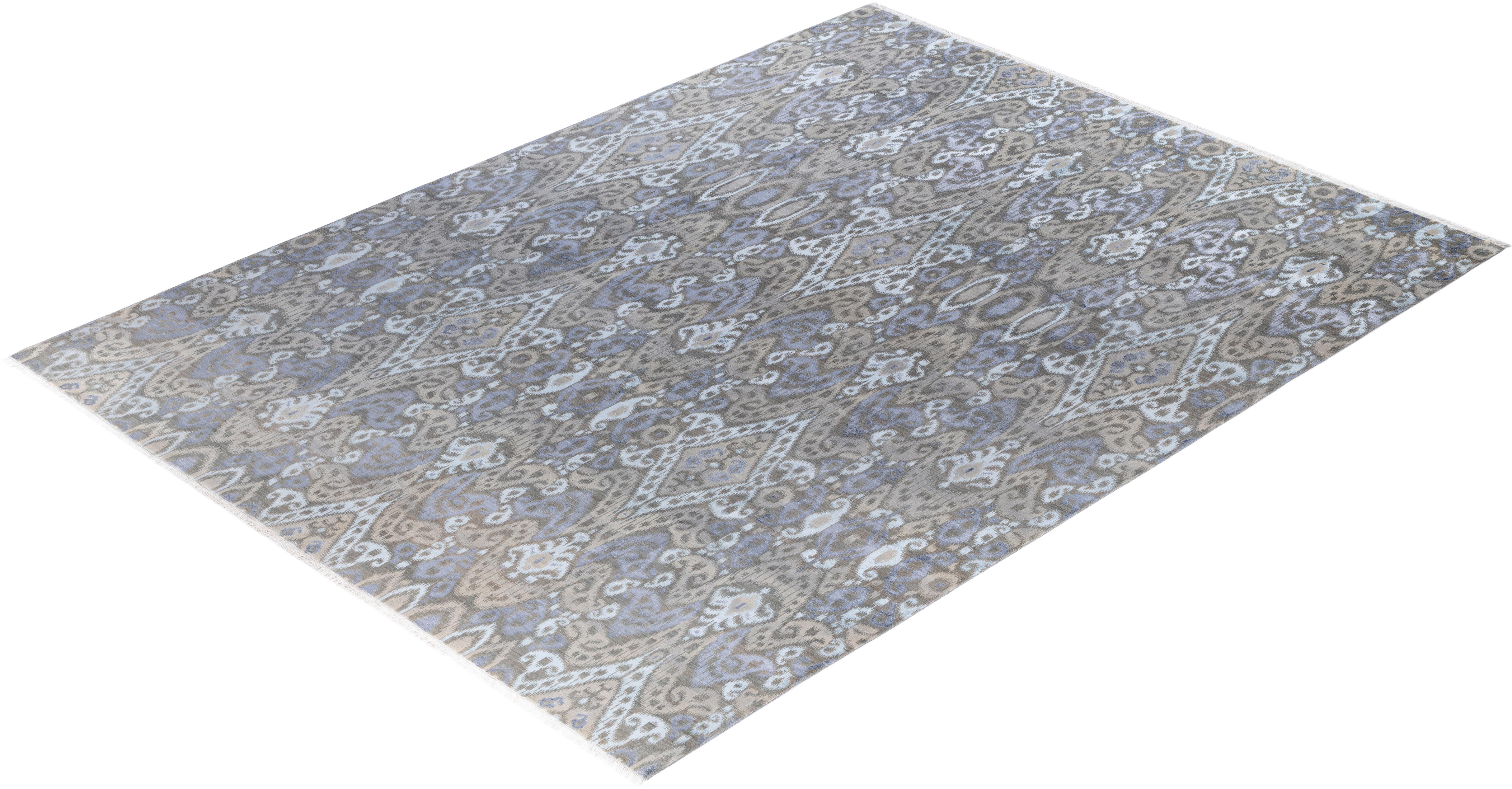 Tappeto Geometrico Tradizionale in Lana e Seta Annodato a Mano Grigio 8' 10