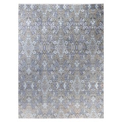 Alfombra Geométrica Tradicional de Lana y Seda Anudada a Mano, Gris 8' 10" x 12' 1