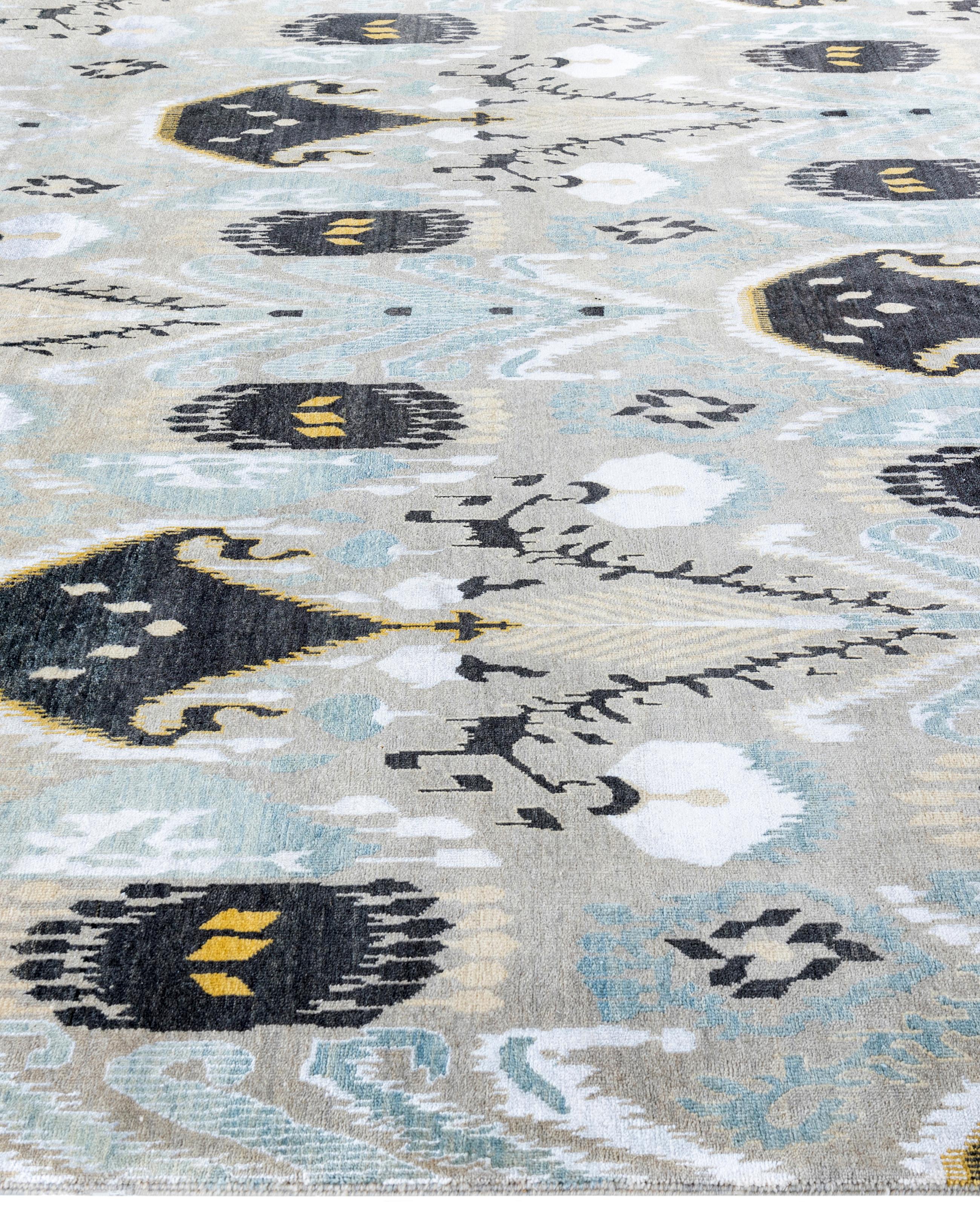 Noué à la main Tapis traditionnel géométrique gris noué à la main en laine et soie de 8' 2
