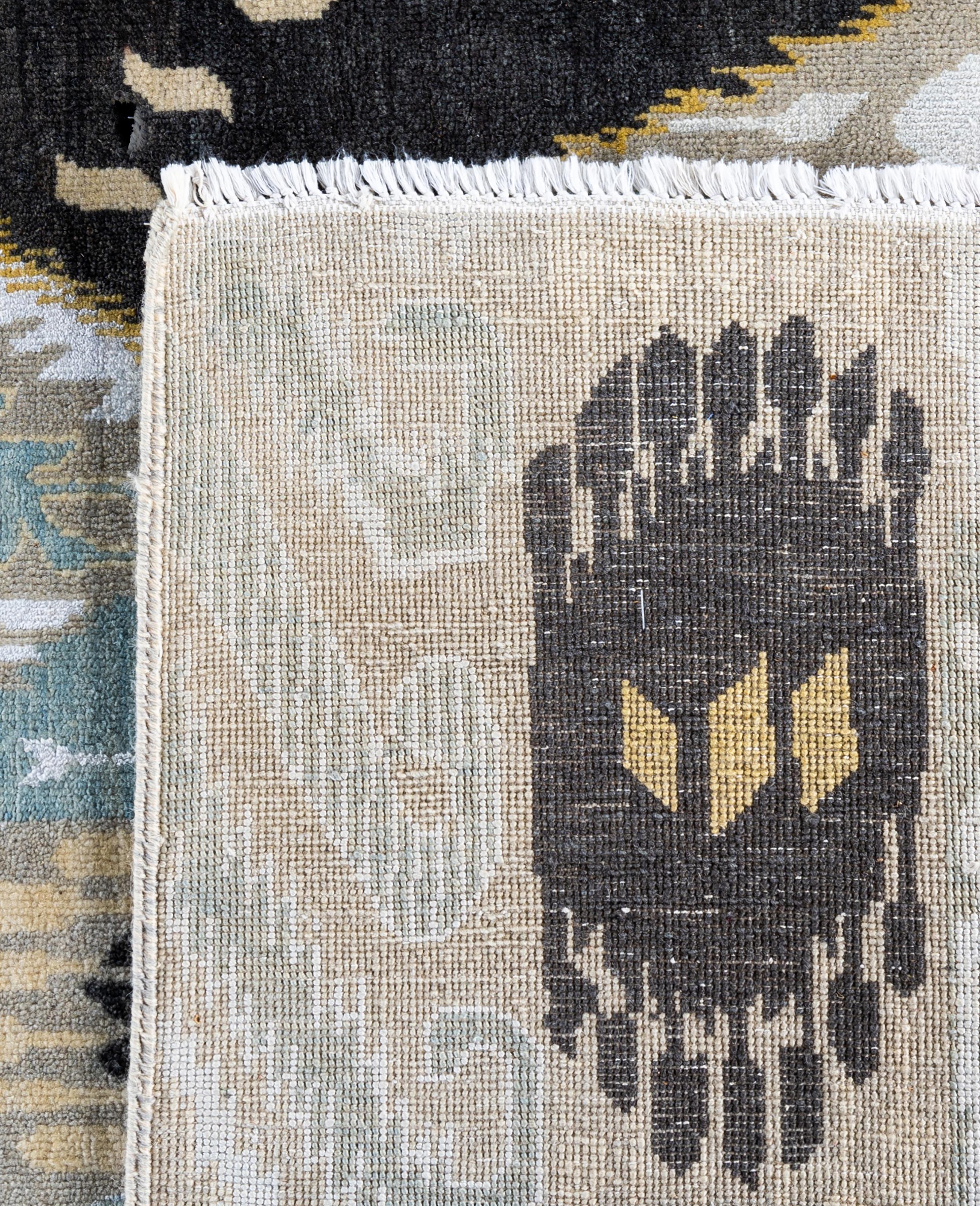 Tapis traditionnel géométrique gris noué à la main en laine et soie de 8' 2