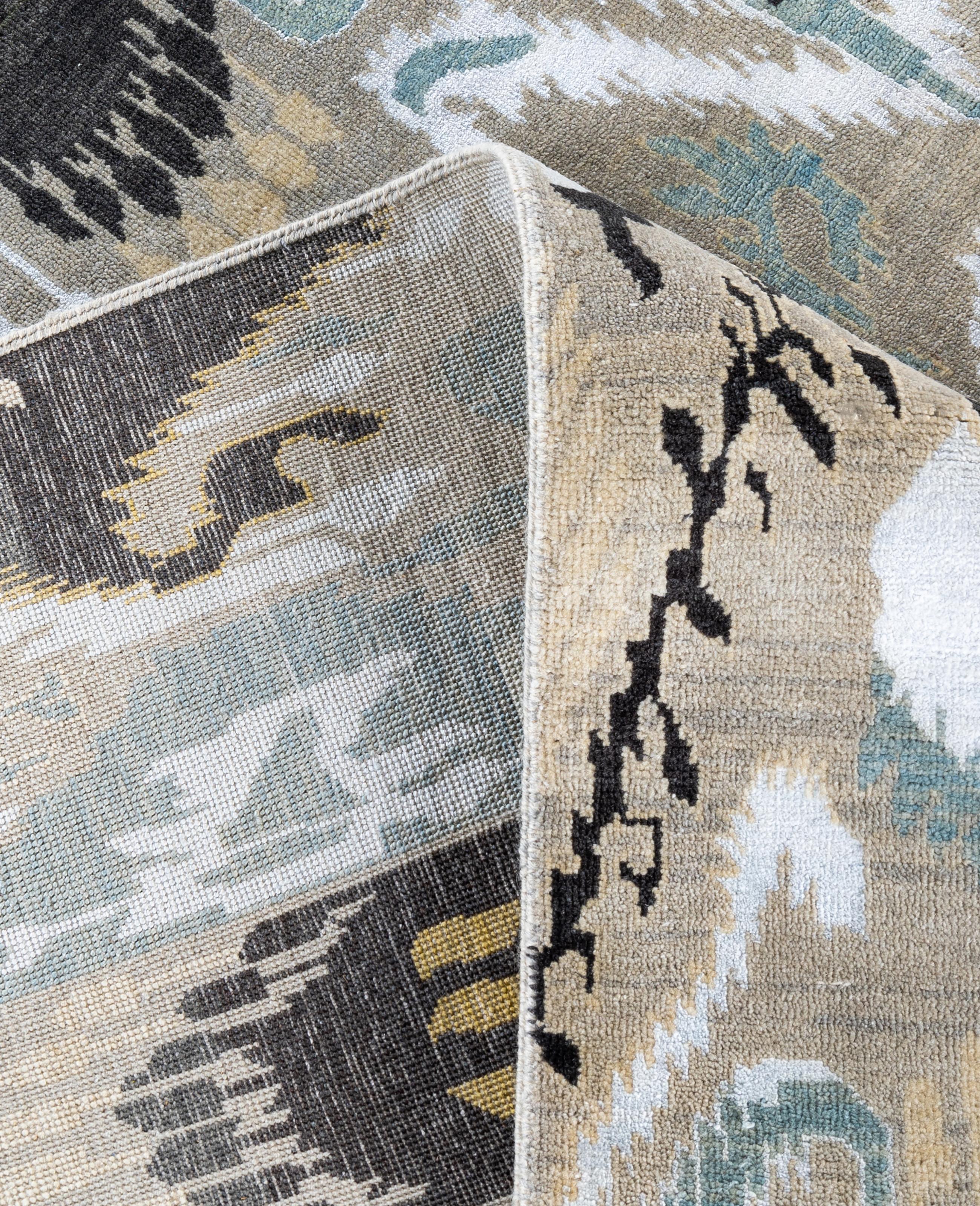 XXIe siècle et contemporain Tapis traditionnel géométrique gris noué à la main en laine et soie de 8' 2