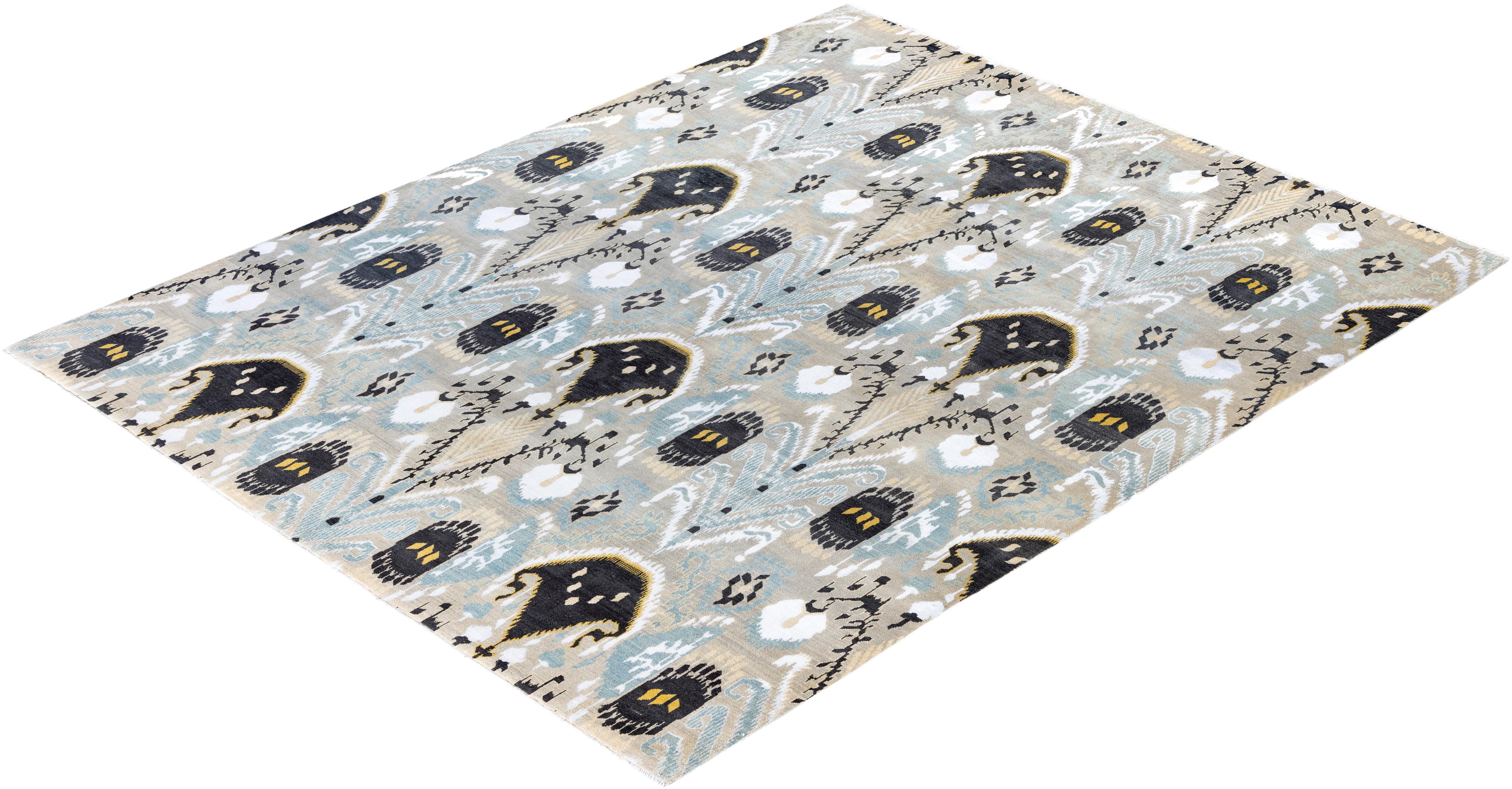 Tapis traditionnel géométrique gris noué à la main en laine et soie de 8' 2