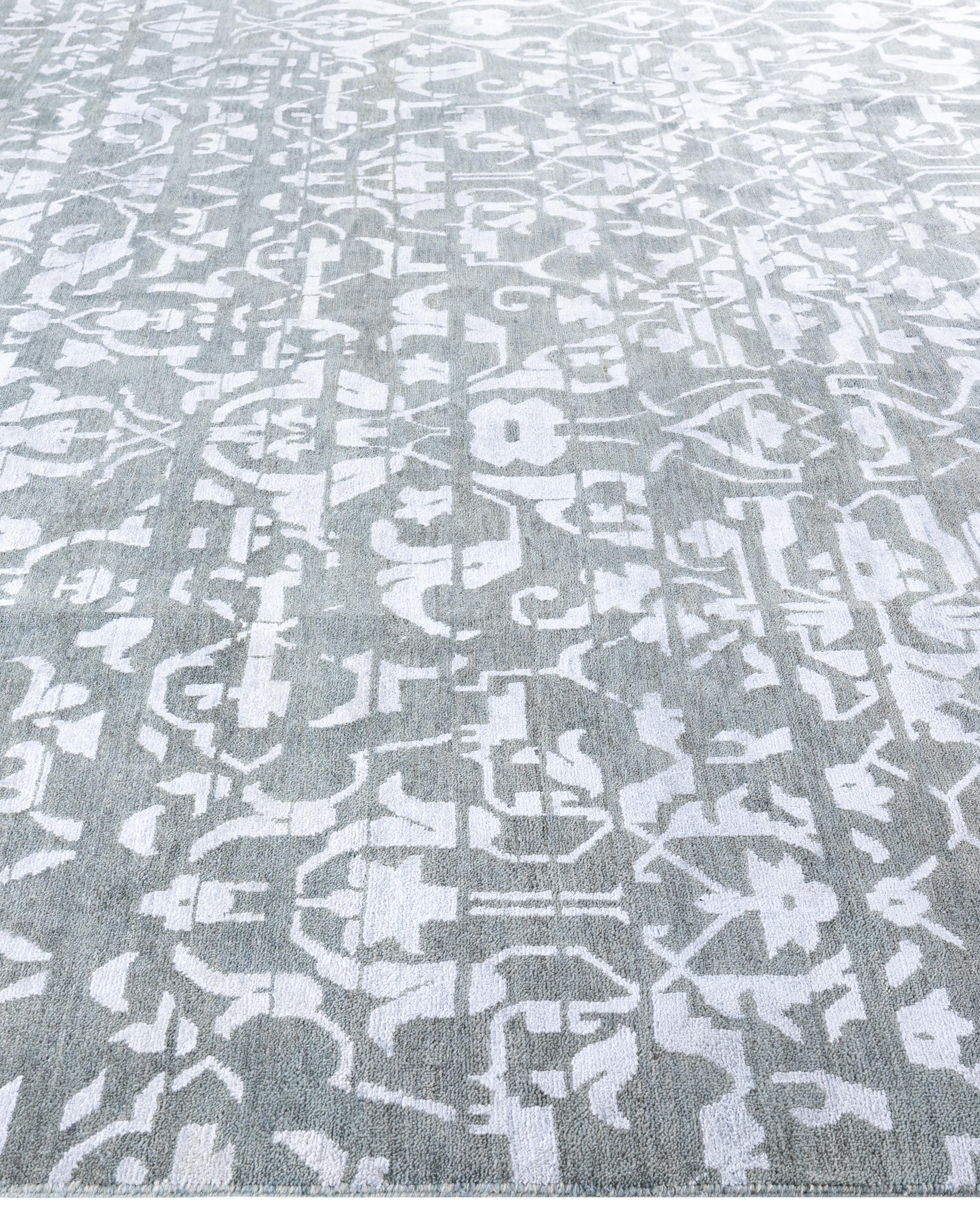 Noué à la main Tapis traditionnel géométrique en laine et soie noué à la main gris 9' 0