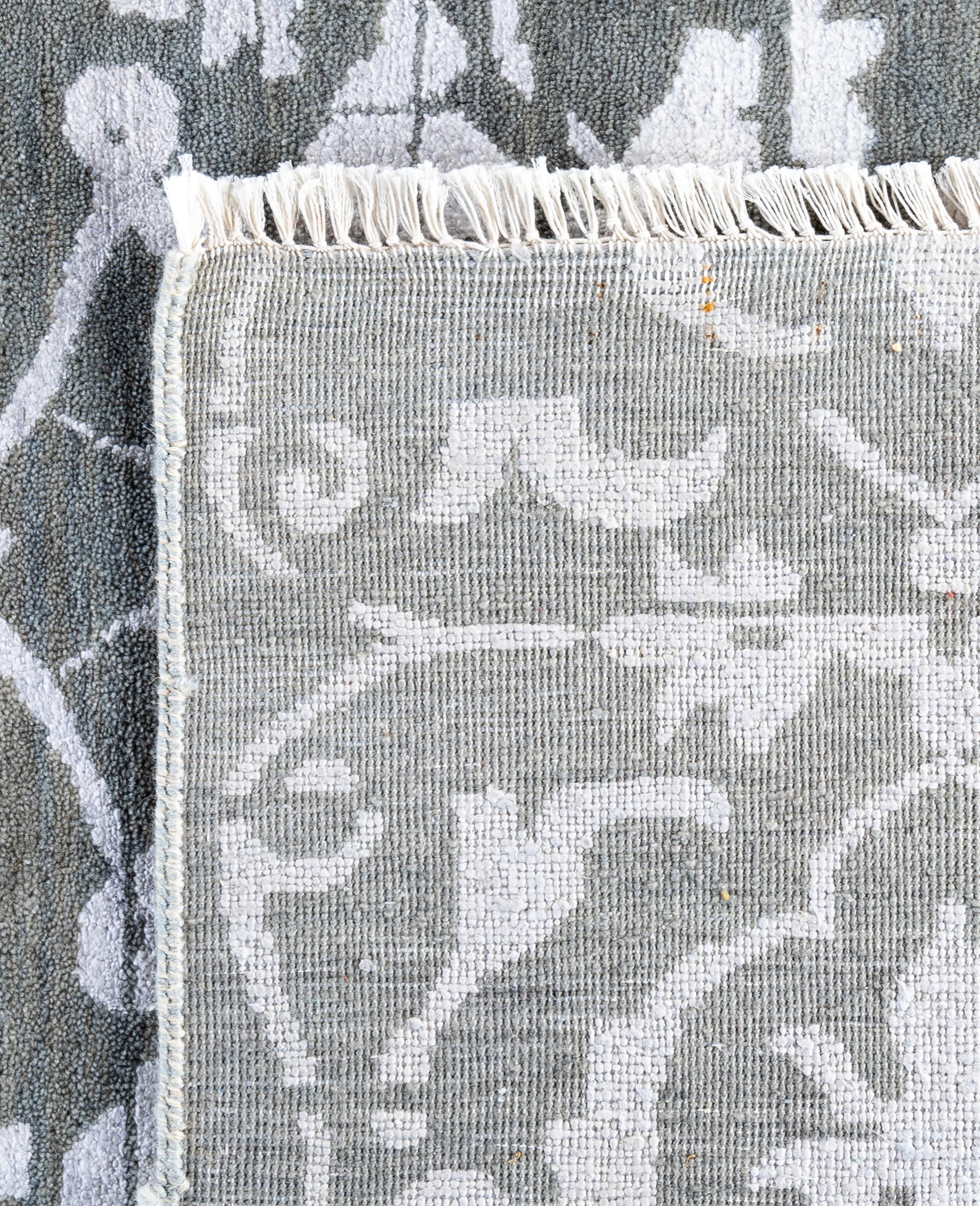 Tapis traditionnel géométrique en laine et soie noué à la main gris 9' 0