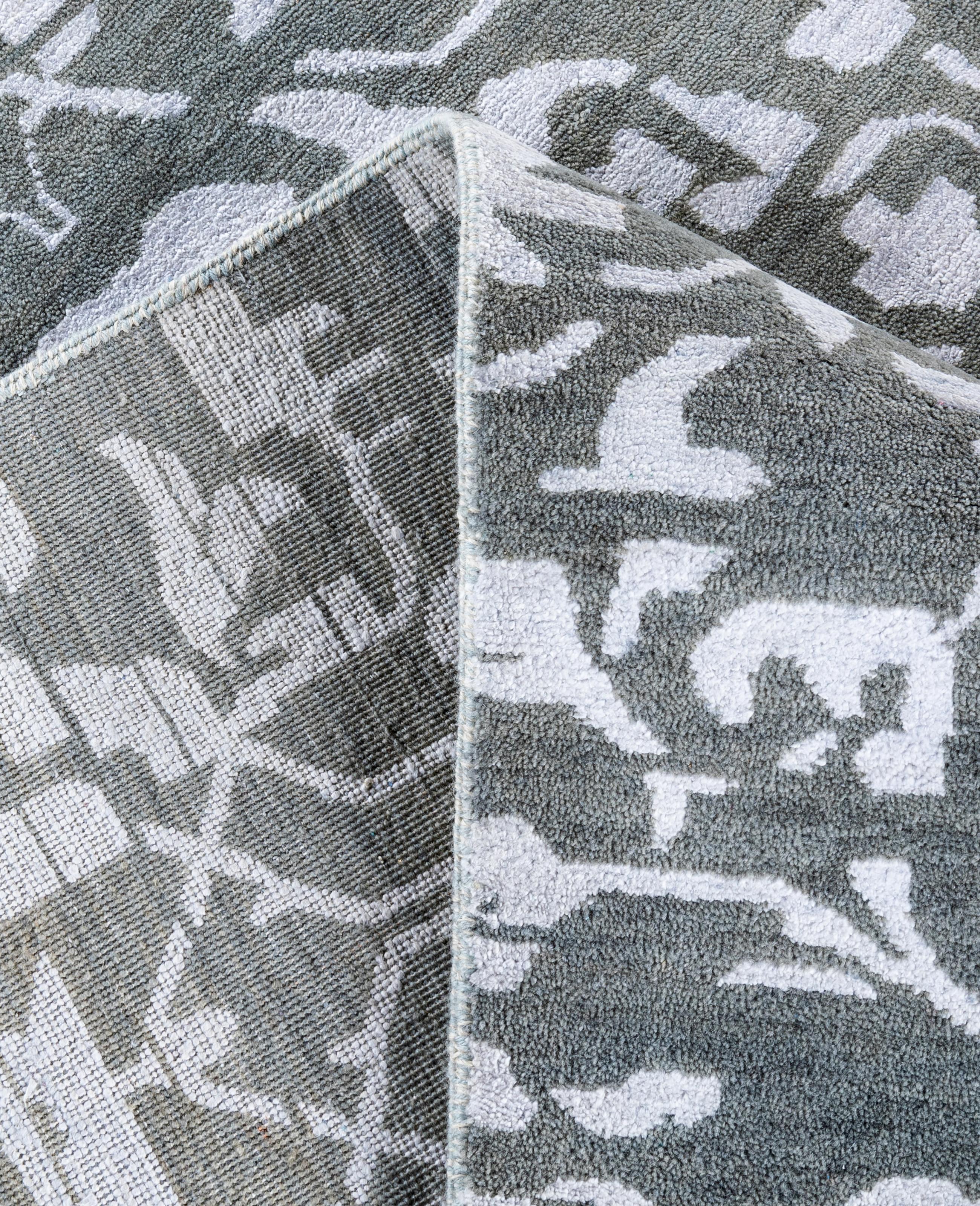 XXIe siècle et contemporain Tapis traditionnel géométrique en laine et soie noué à la main gris 9' 0
