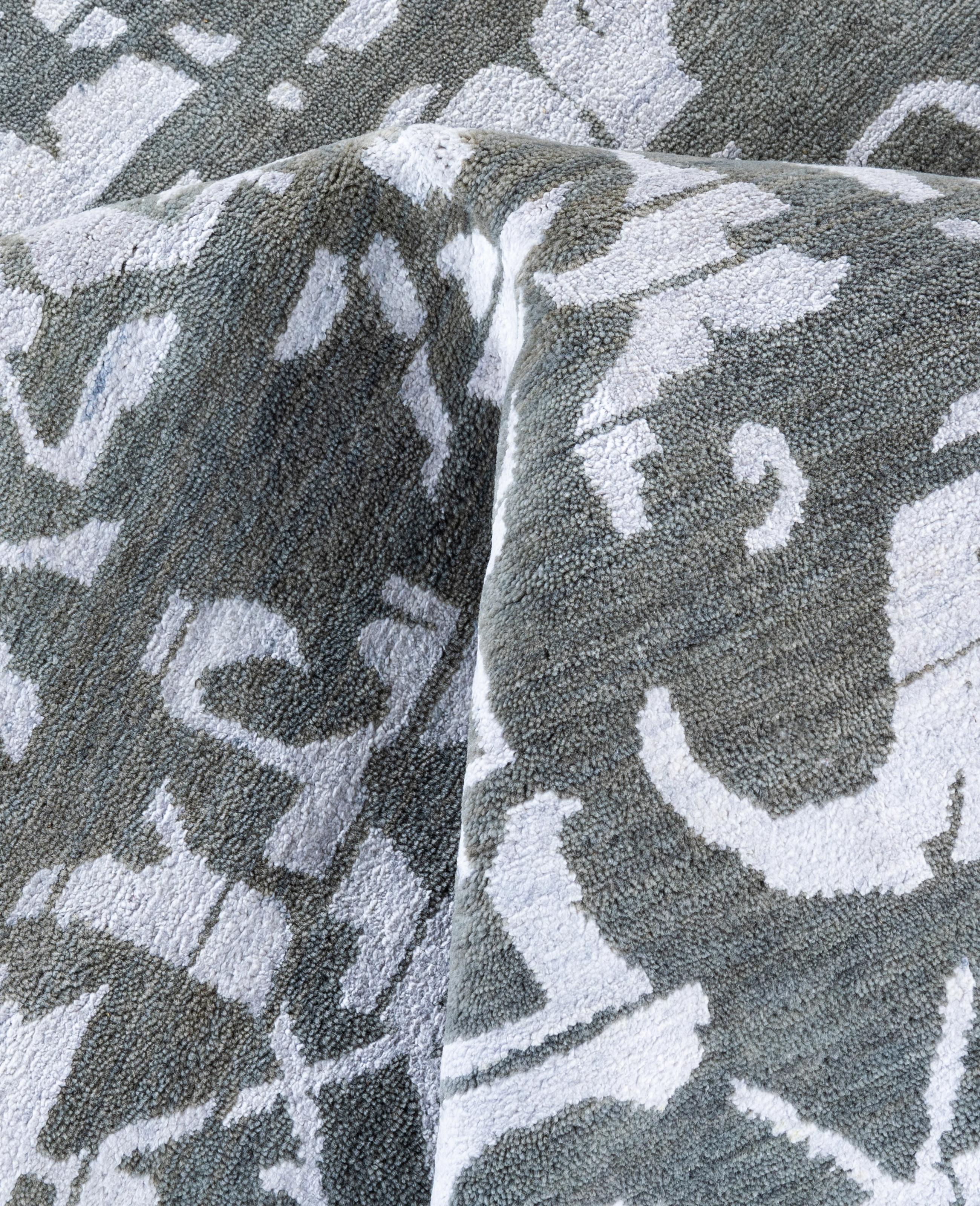 Laine Tapis traditionnel géométrique en laine et soie noué à la main gris 9' 0