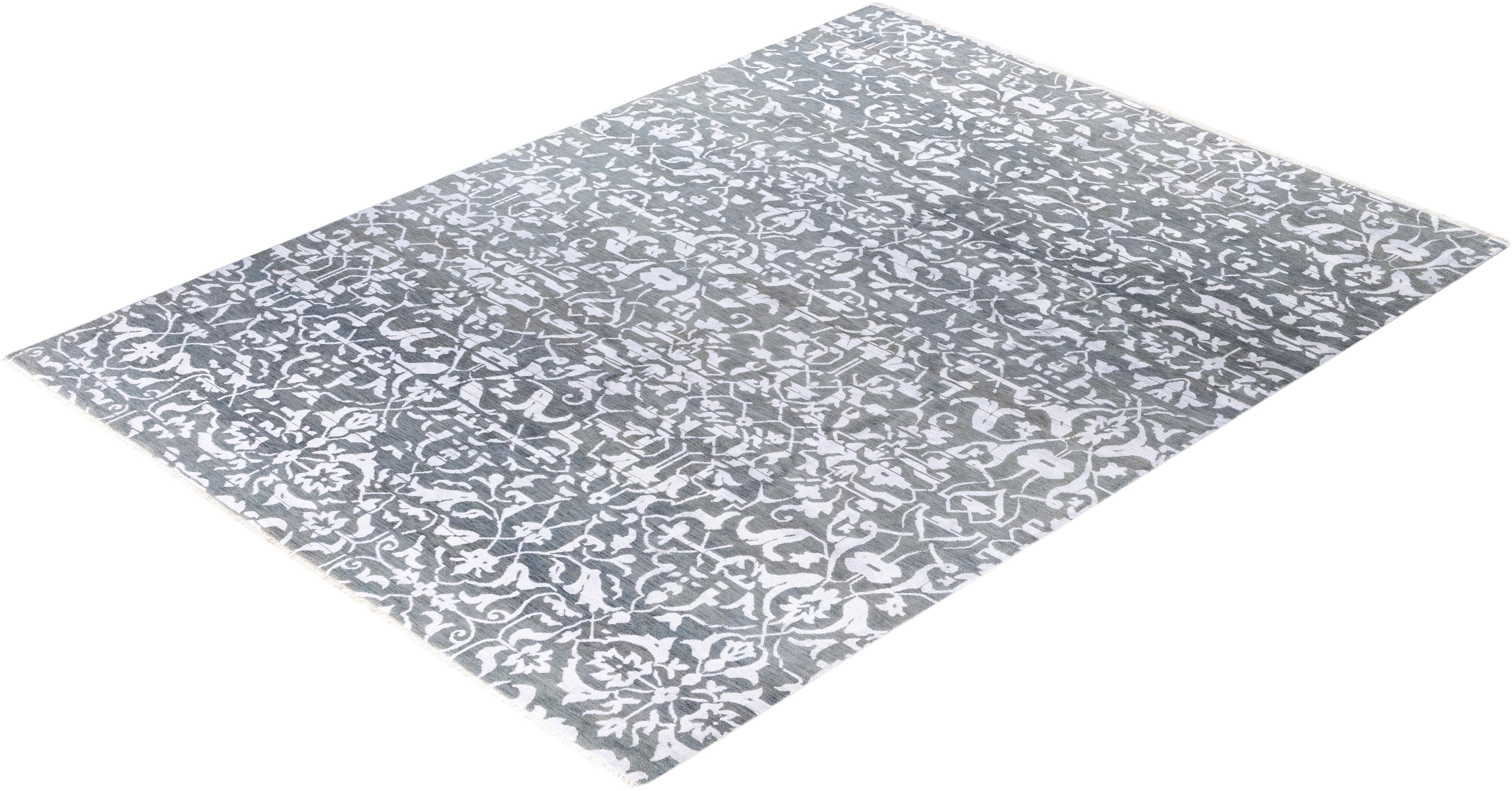 Tapis traditionnel géométrique en laine et soie noué à la main gris 9' 0