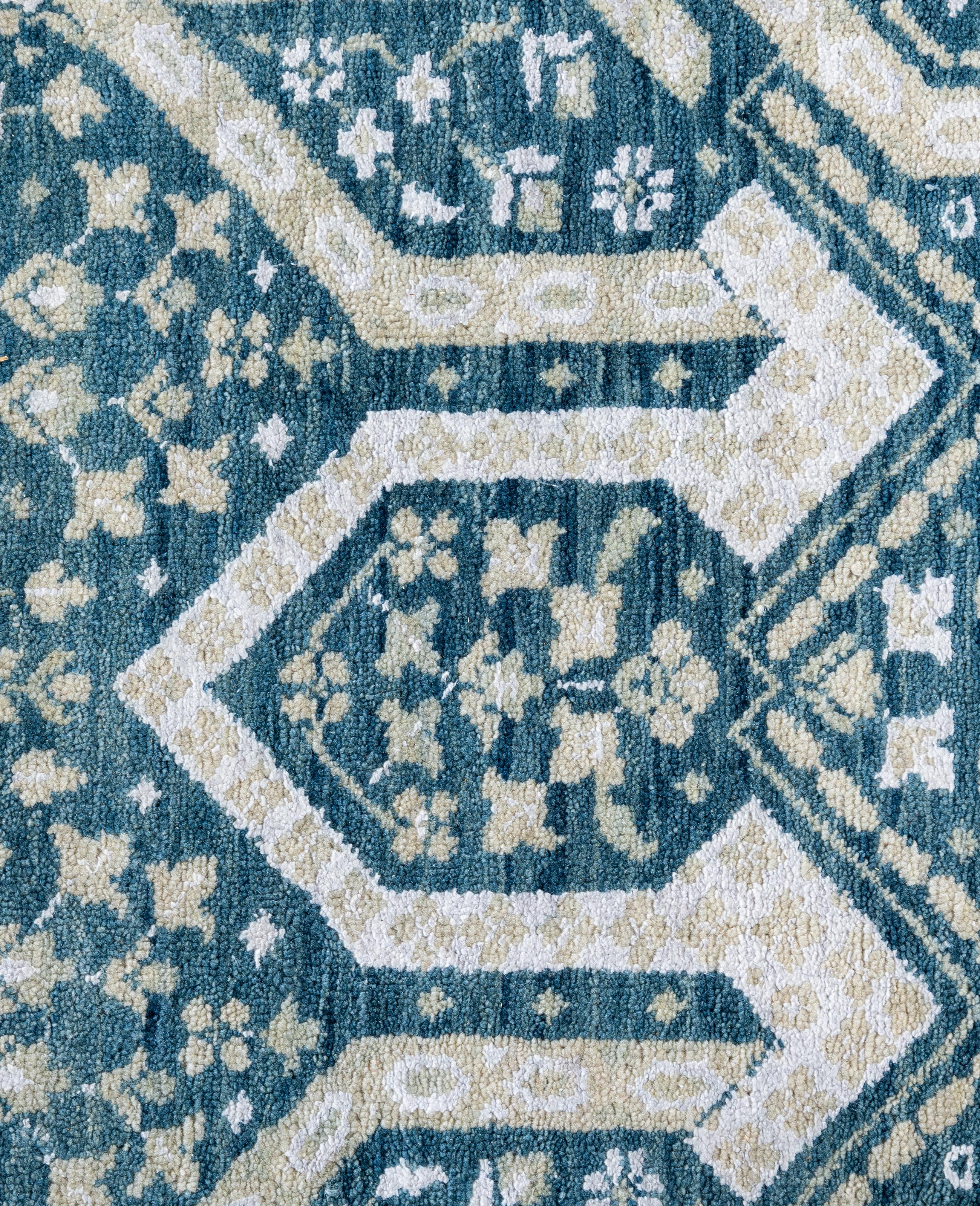 Indien Tapis traditionnel géométrique en laine et soie noué à la main vert 8' 1