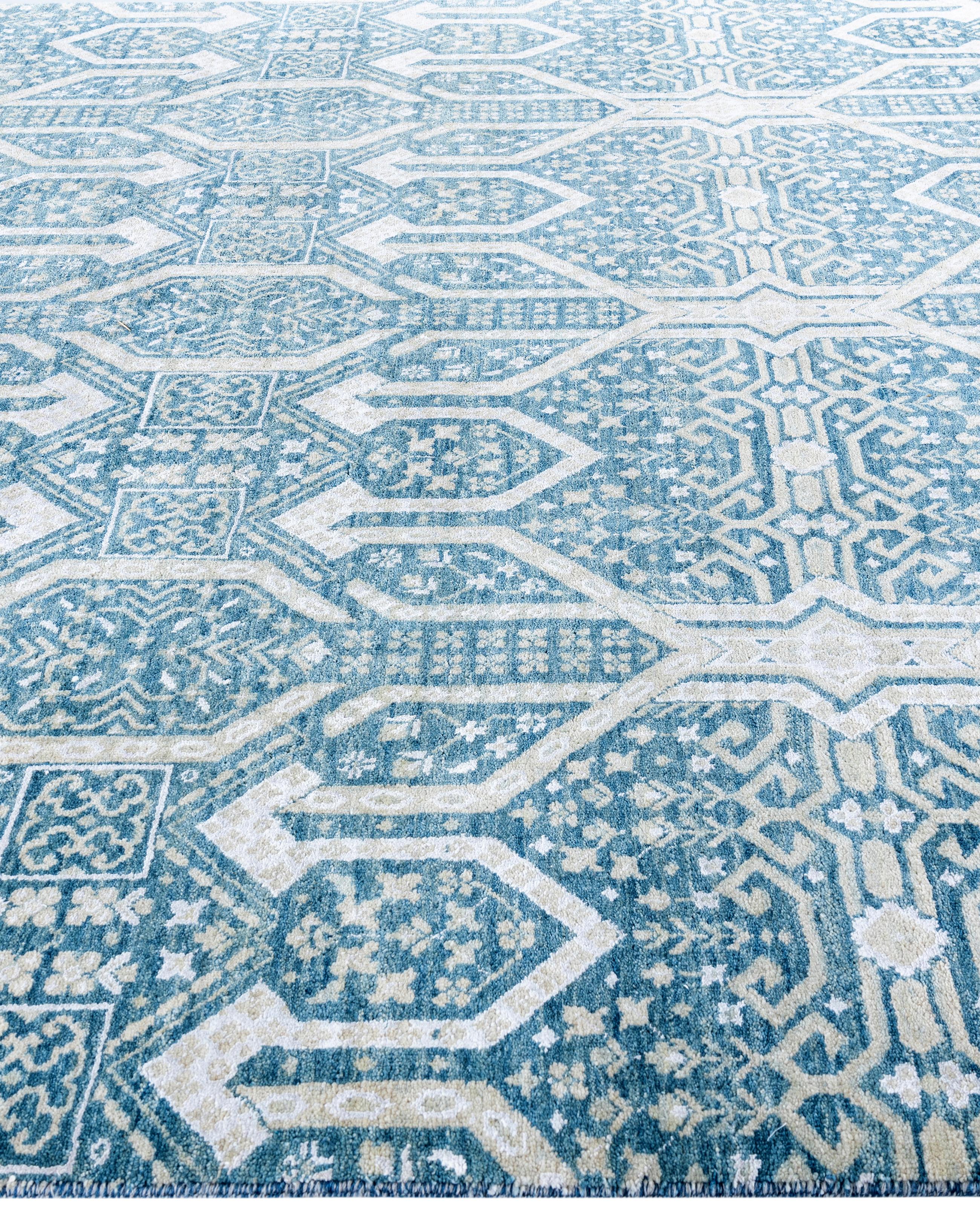 Noué à la main Tapis traditionnel géométrique en laine et soie noué à la main vert 8' 1