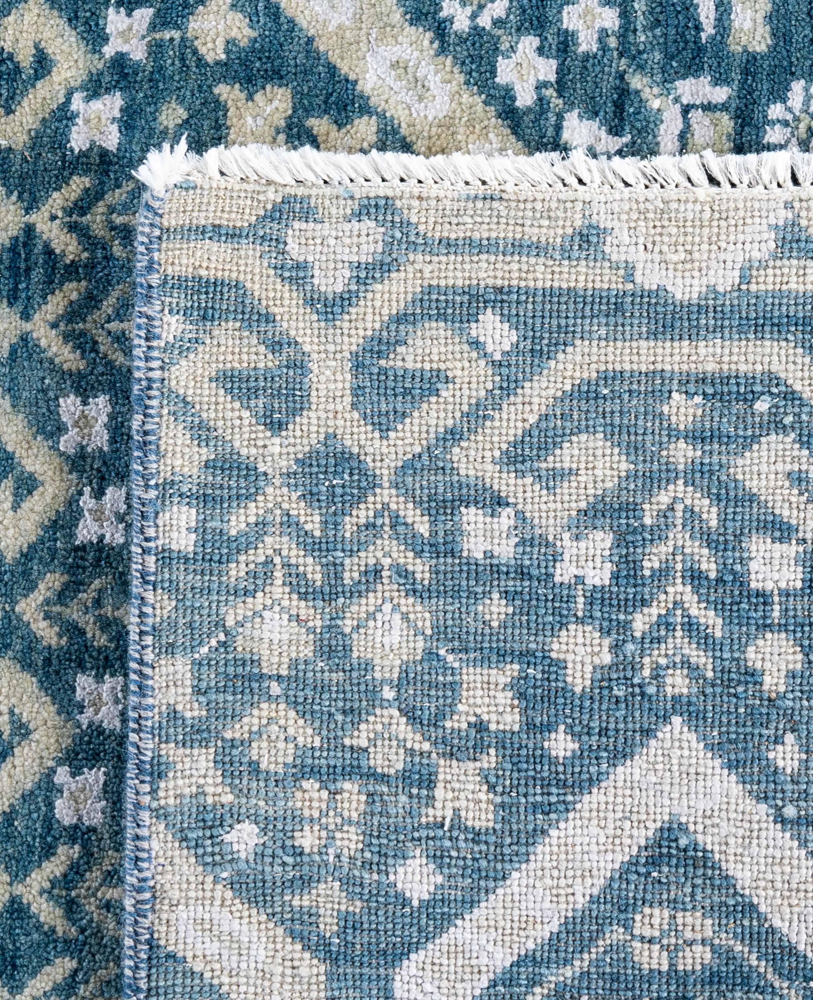 Tapis traditionnel géométrique en laine et soie noué à la main vert 8' 1