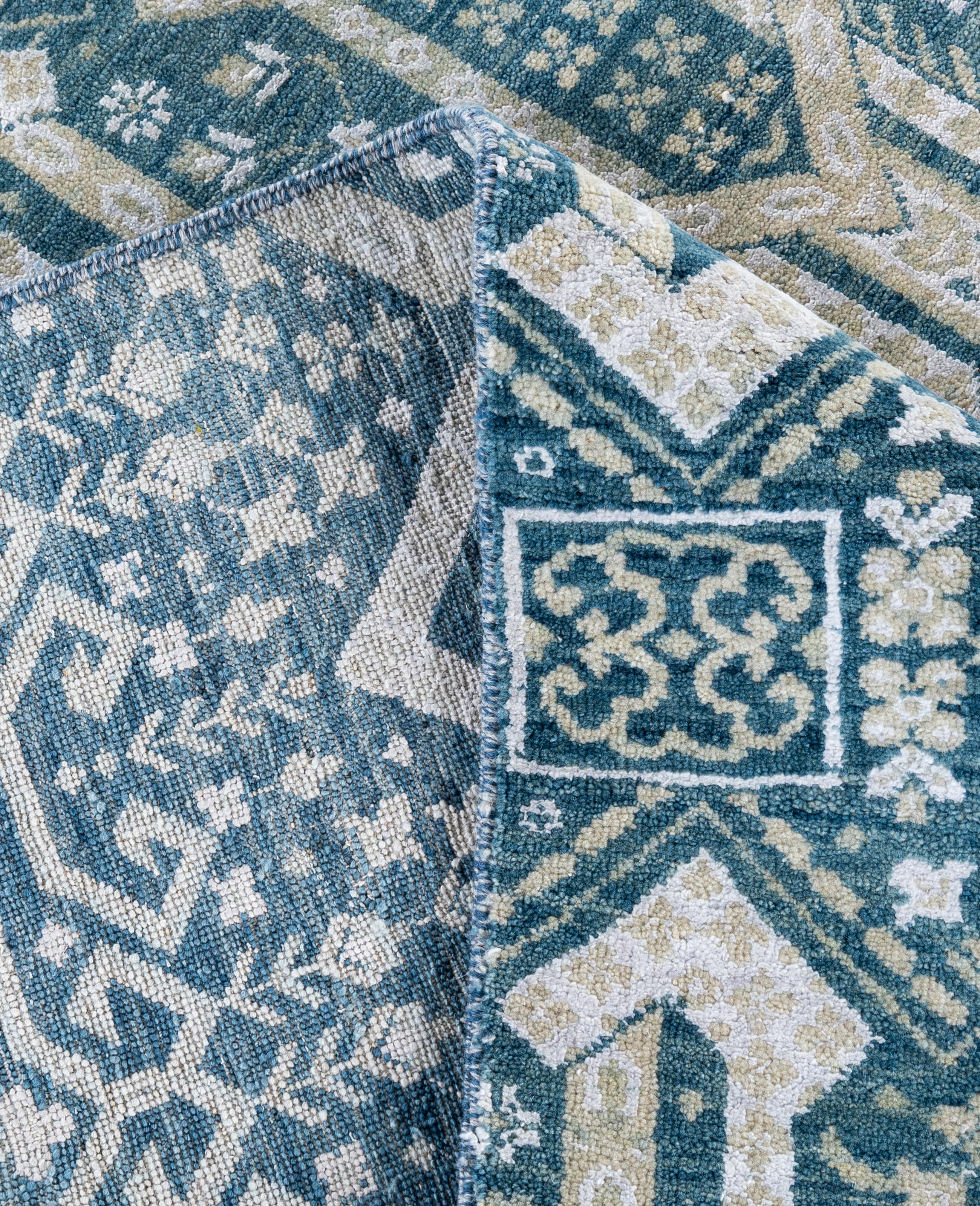 XXIe siècle et contemporain Tapis traditionnel géométrique en laine et soie noué à la main vert 8' 1