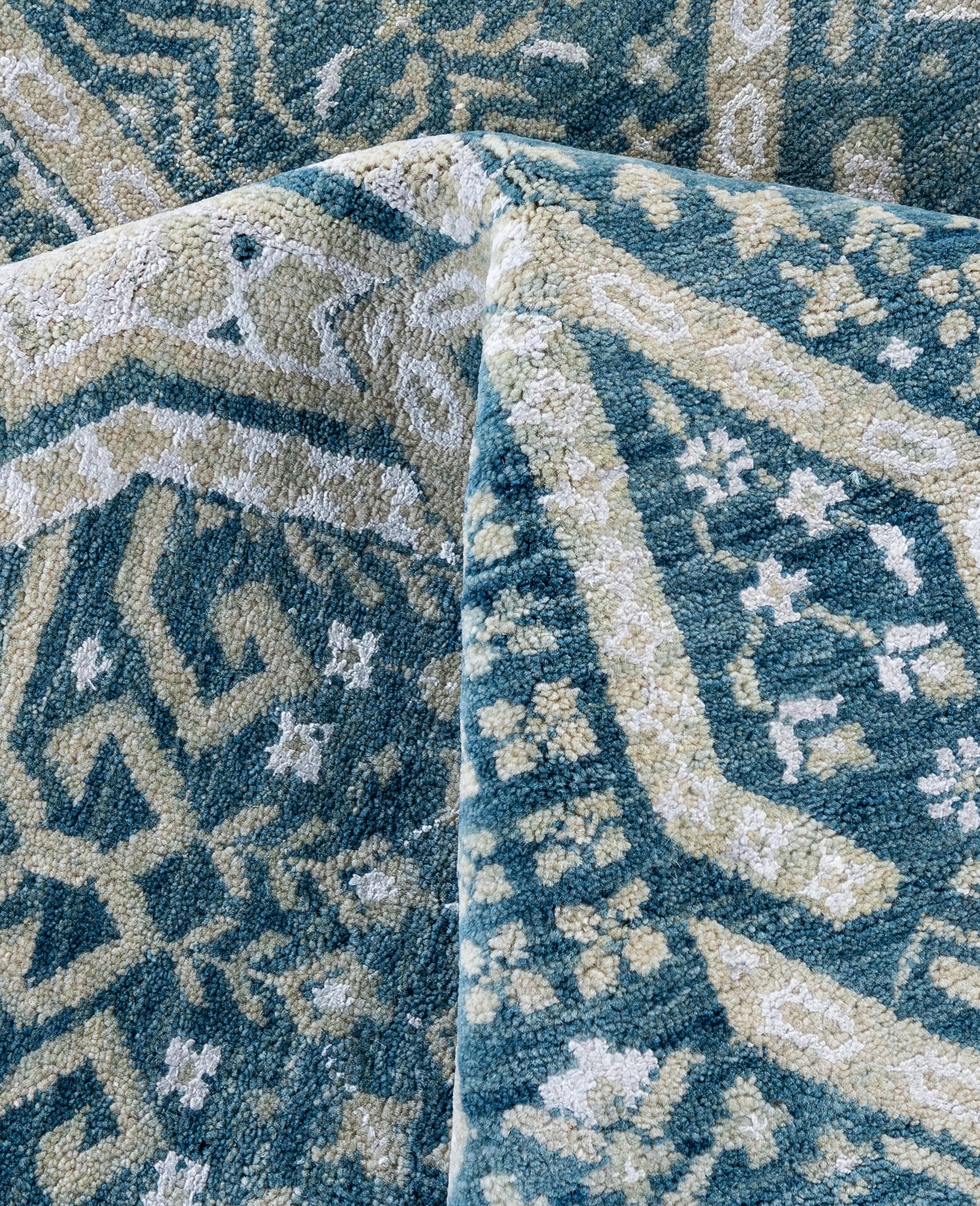 Laine Tapis traditionnel géométrique en laine et soie noué à la main vert 8' 1