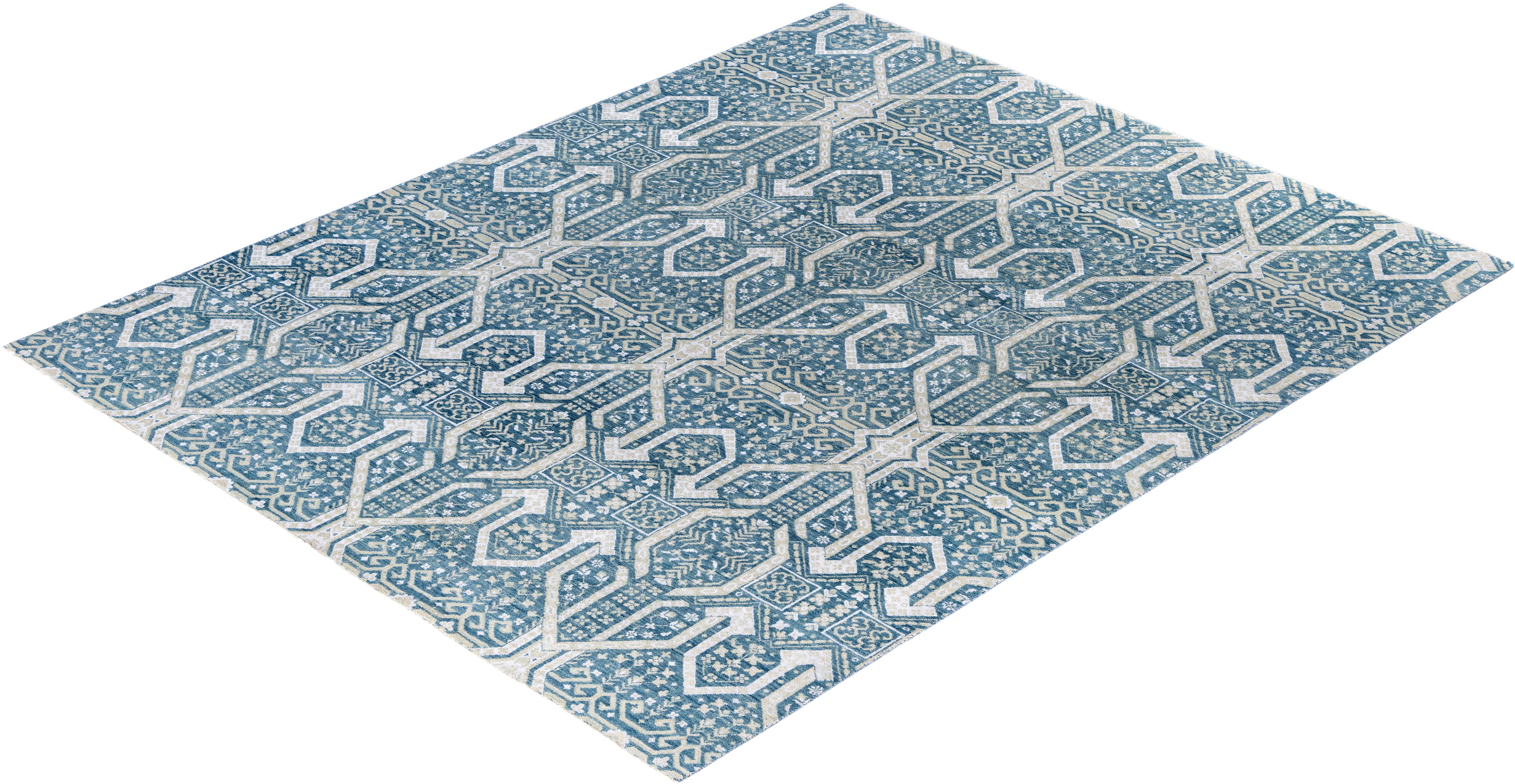 Tapis traditionnel géométrique en laine et soie noué à la main vert 8' 1