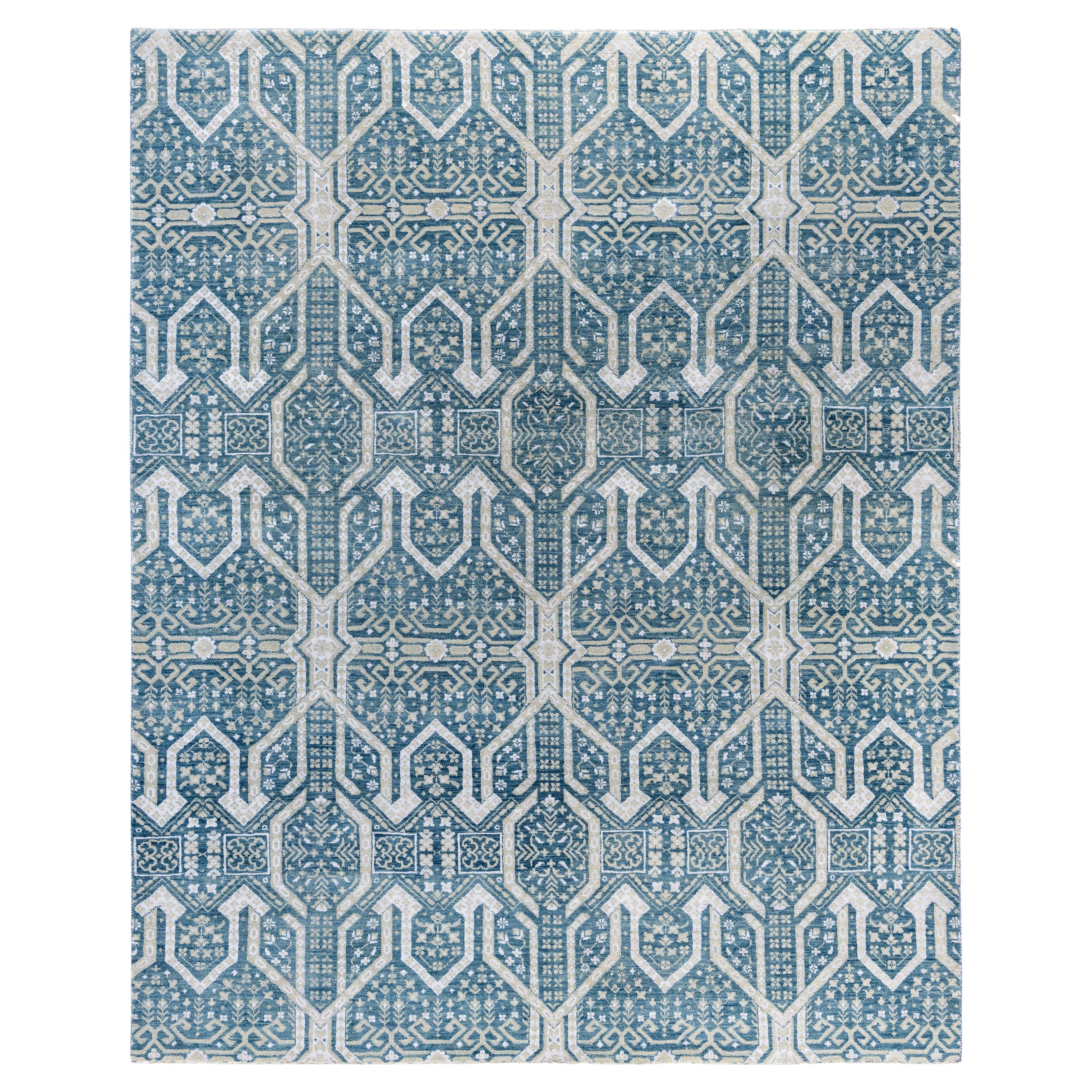 Traditional Geometric Wool, Silk Hand Knotted Green Area Rug 8' 1" x 9' 10"