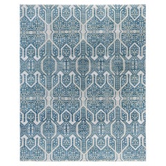 Tapis traditionnel géométrique en laine et soie noué à la main vert 8' 1" x 9' 10"