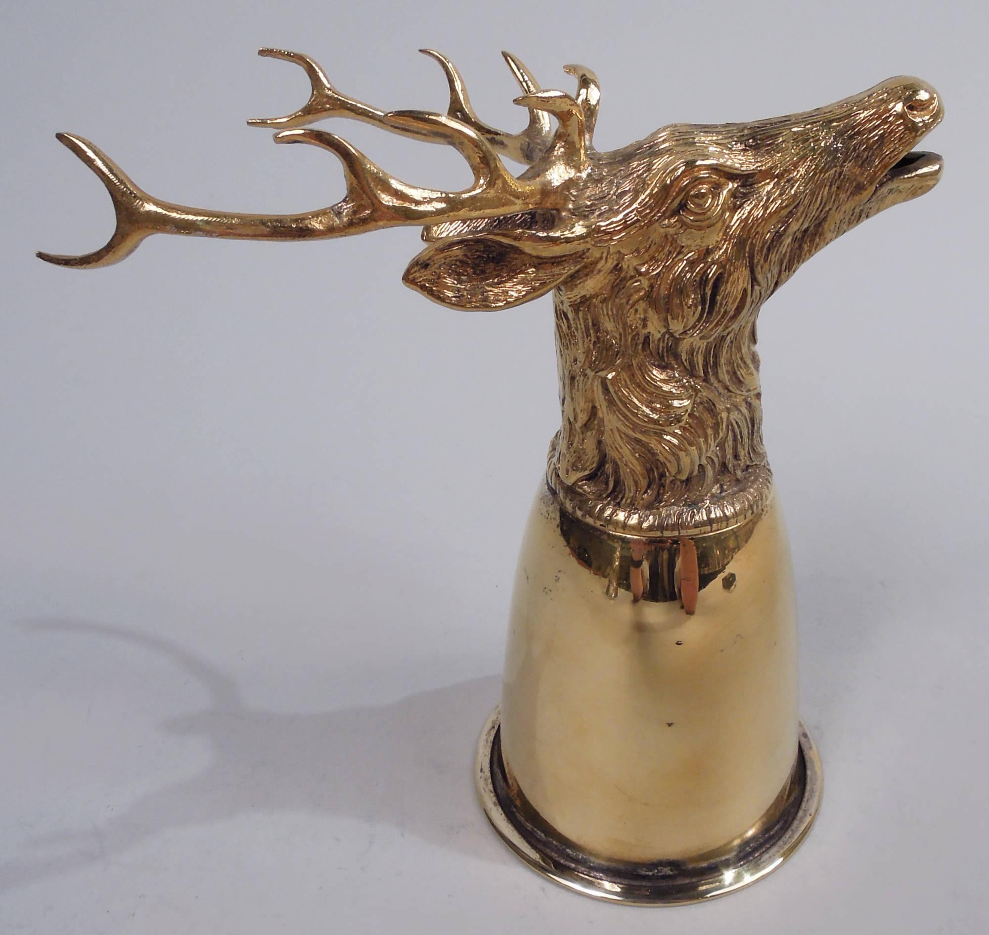 Edwardian Traditional German Silver Gilt Stag Head Stirrup Cup For Sale