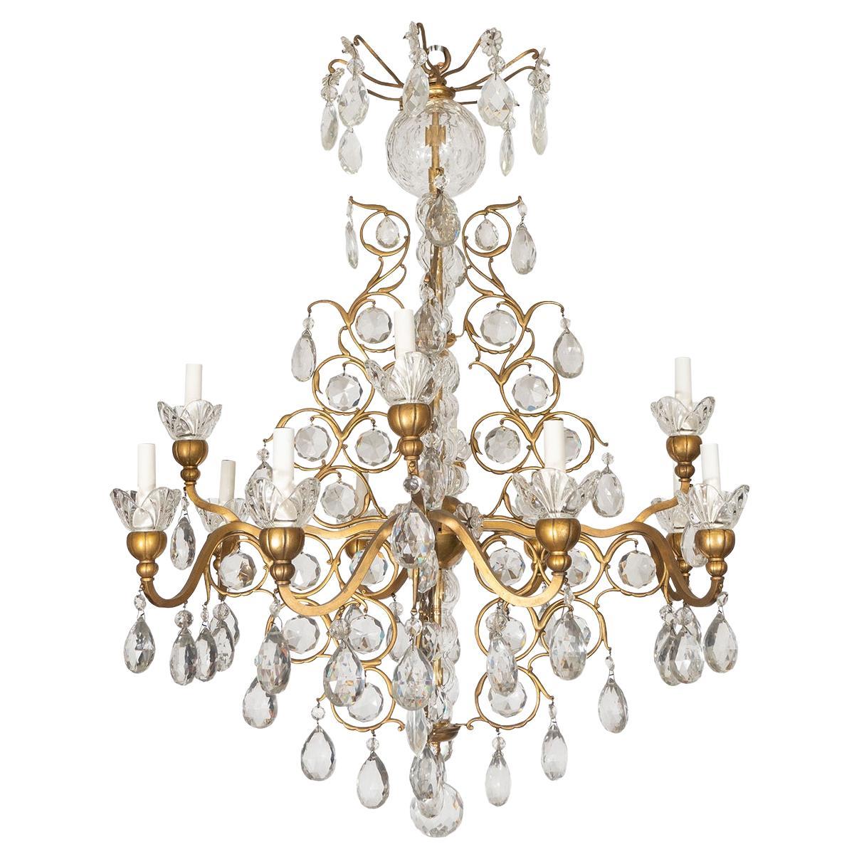 Traditional Gilt Metal Crystal Drop Chandelier