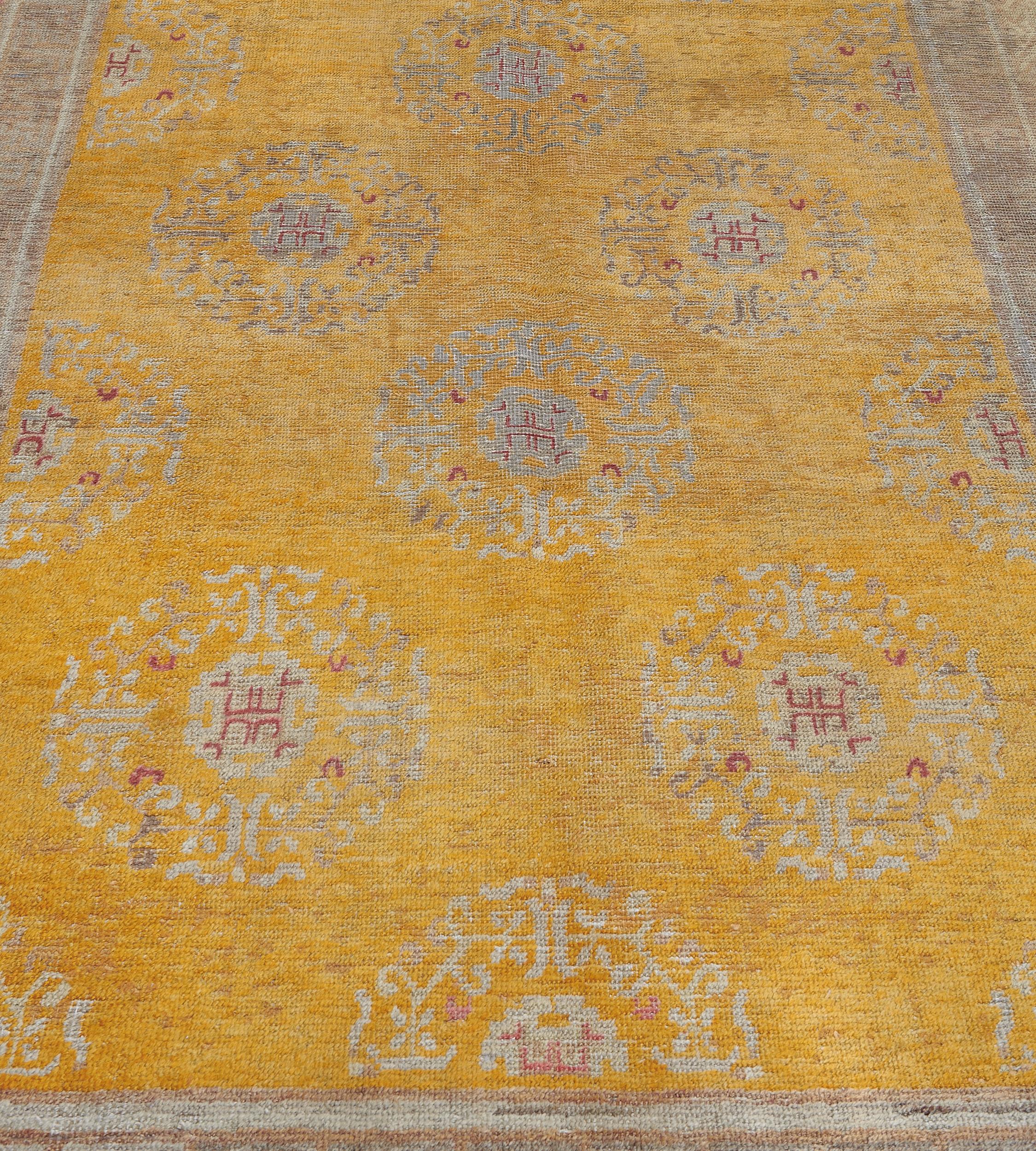 20th Century Traditional Golden Handwoven Samarkand Khotan Rug For Sale