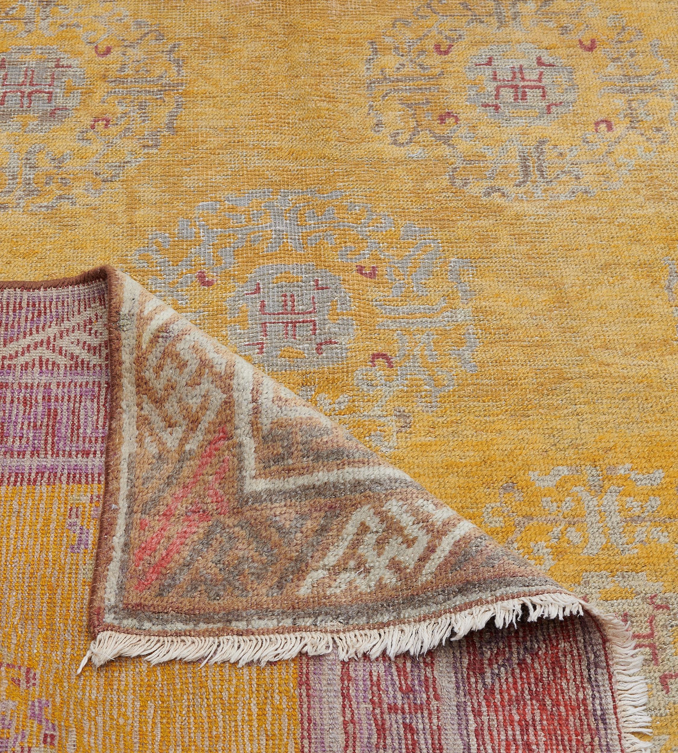 Traditional Golden Handwoven Samarkand Khotan Rug For Sale 1