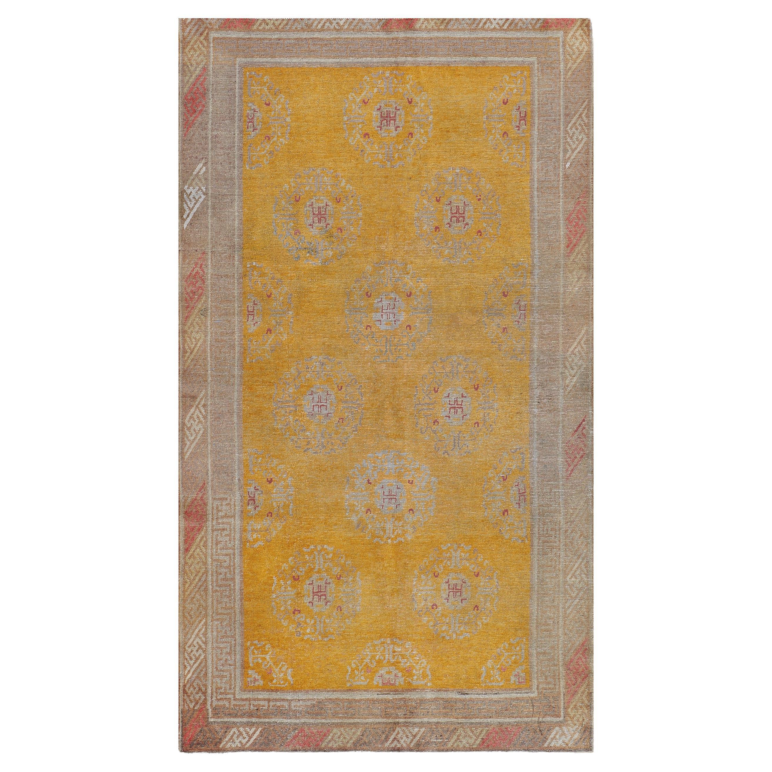 Traditional Golden Handwoven Samarkand Khotan Rug For Sale