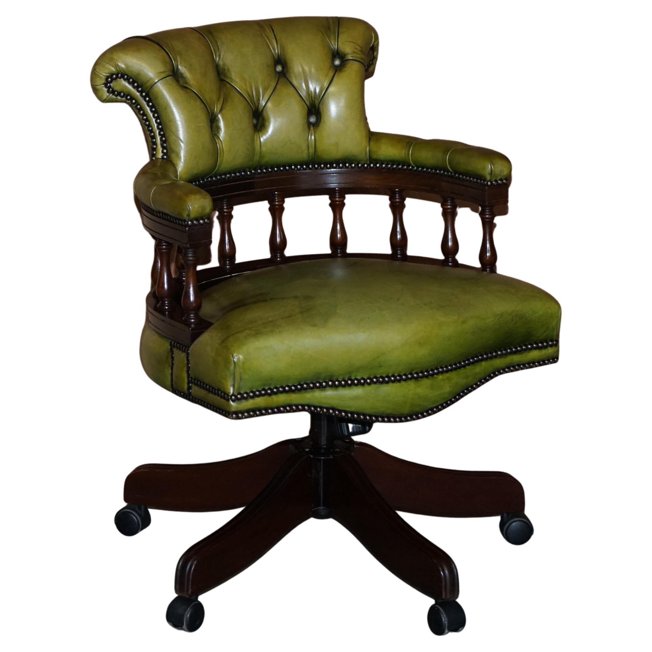 1980s Green Leather and Wood Open Arm Captain Chair, Tufted and Nail