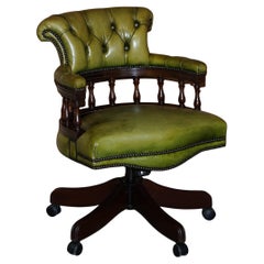 Vintage Traditional Green Leather & Beech Wood Framed Chesterfield Captains Armchair